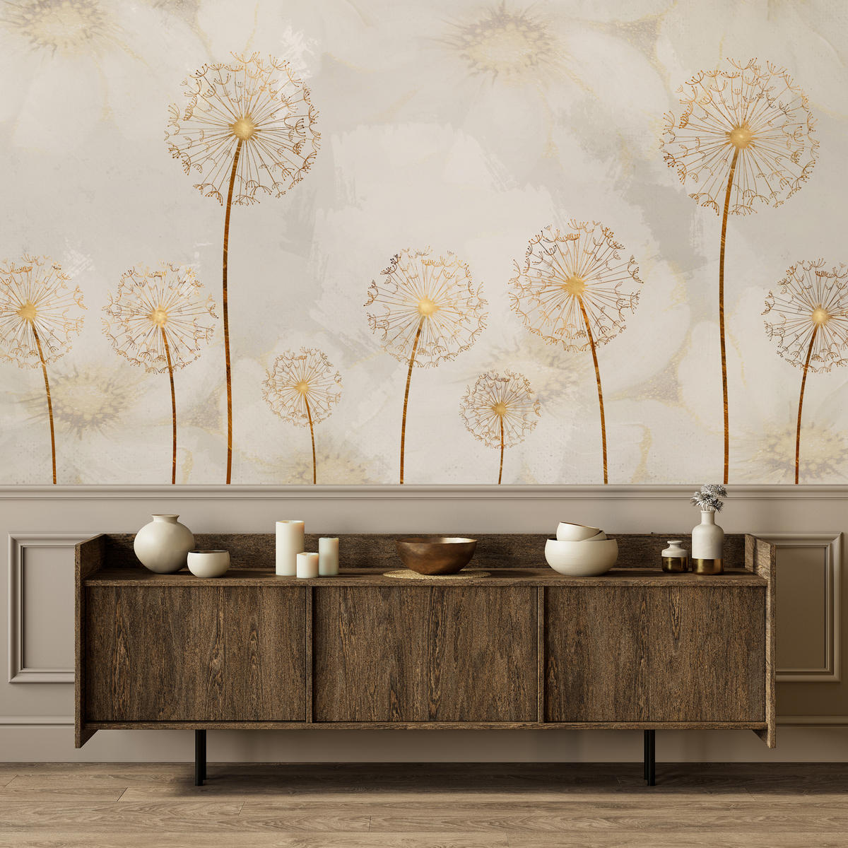 FOTOTAPETE für Schlafzimmer Goldene Löwenzahn Aquarell Blumen 450x315 - Gelb/Beige, Papier (450/315cm) - Muralo