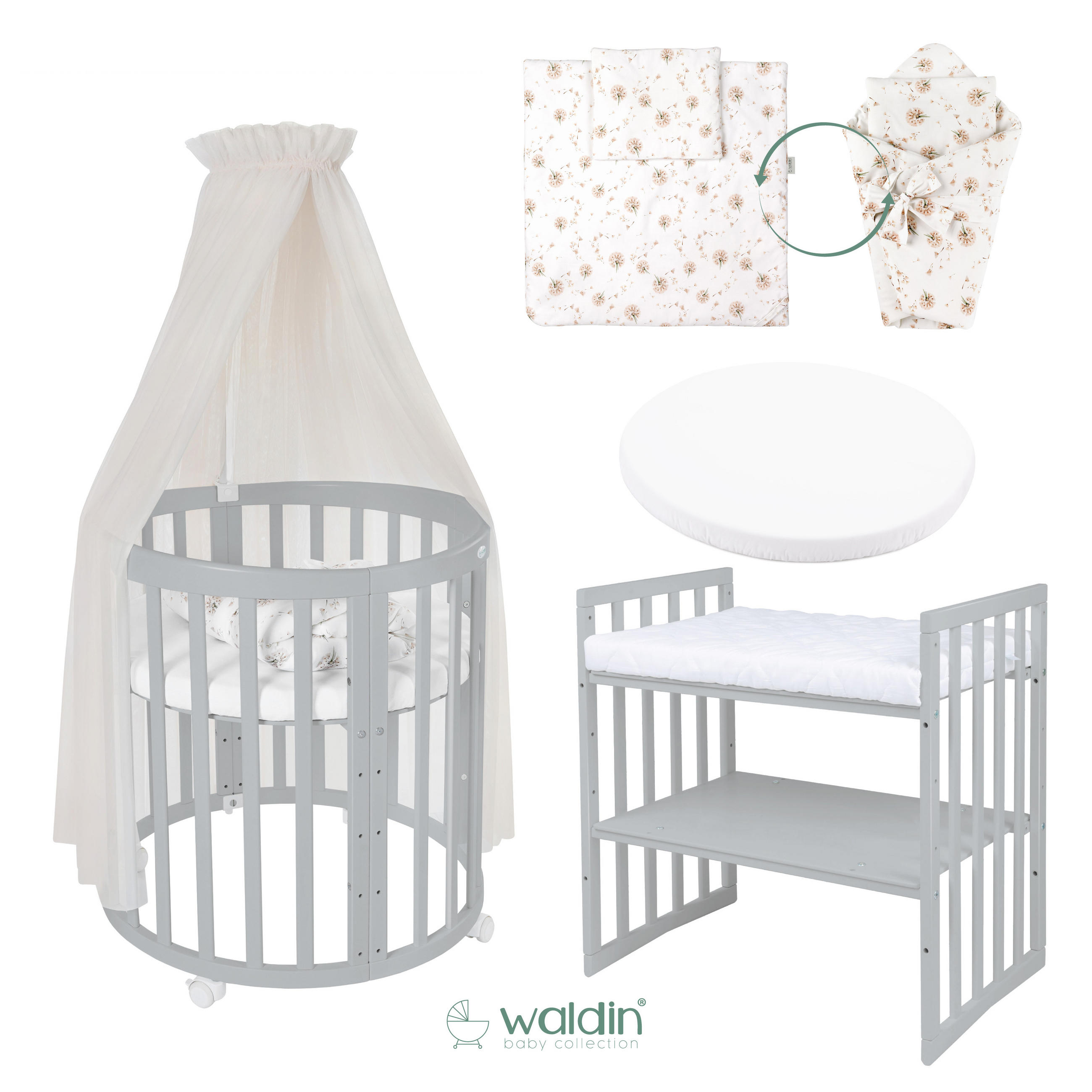 BABYBETT GREY OVAL 7in1 mit Matratze und Himmelset - Champagner/Grau, Holz/Textil