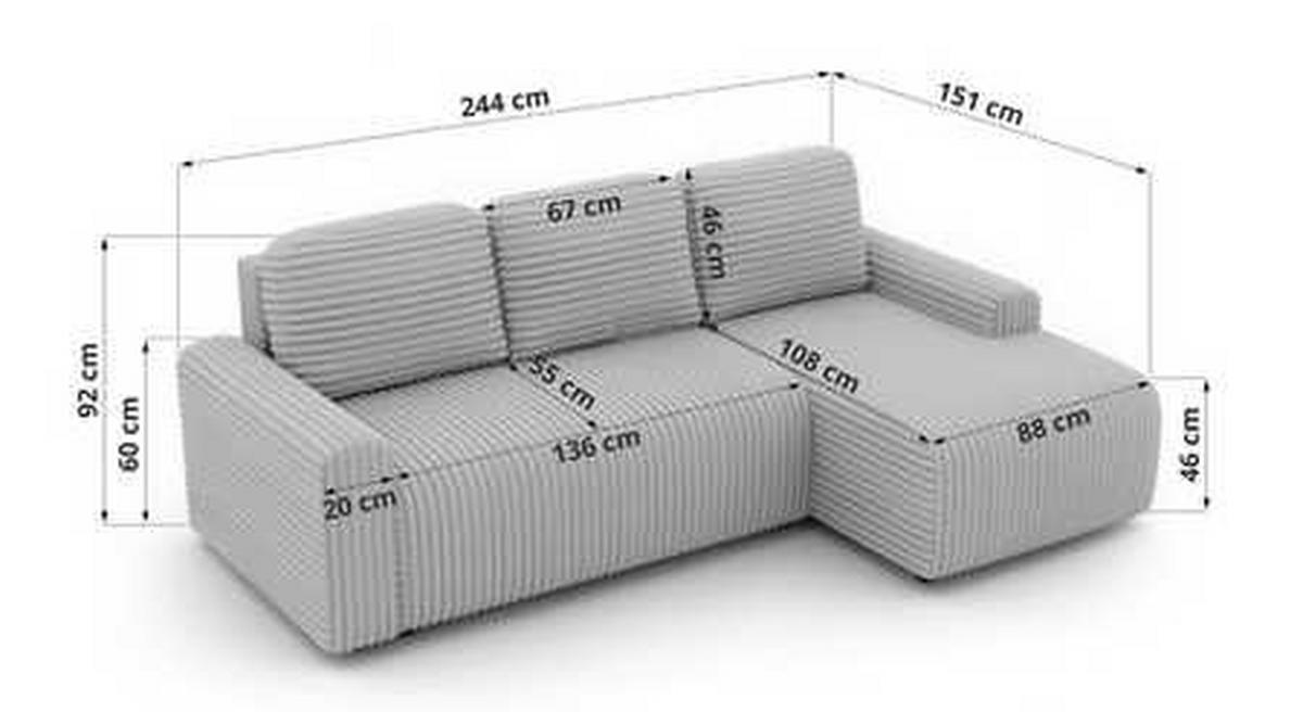 ECKSOFA NESSARO L Hellbraun Cord - Links Seite - Hellbraun/Schwarz, Kunststoff/Textil (244/151cm) - MKS