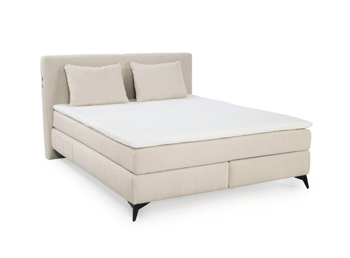 BOXSPRINGBETT 160x00 cm, 7-Zonen-Tonnentaschen-Federkernmatratzen H4, Topper, Bonell-Federkern, Beleuchtung, USB-Ladeports, Chenille Beige / 20014 - Beige/Schwarz, Textil/Metall (160/200cm) - luma-home