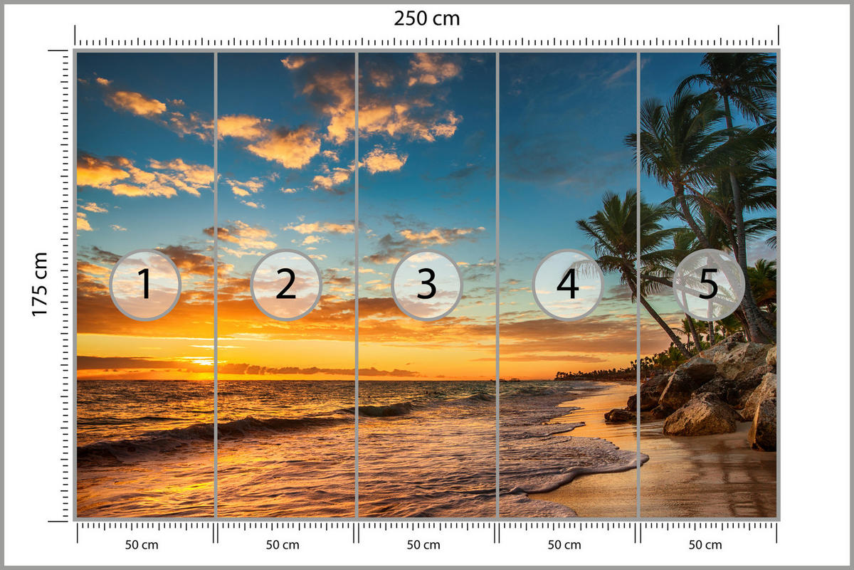 FOTOTAPETE Strand Meer Sonnenuntergang Natur 3D 250x175 - Gelb/Orange, Papier (250/175cm) - Muralo