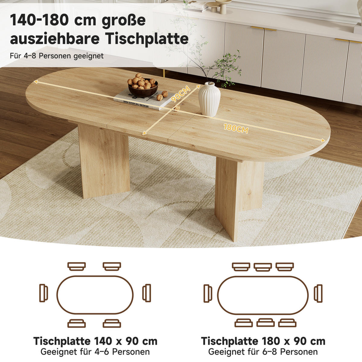 JEDÁLENSKÝ stôl 140/180/90 cm dubový dekor, rozkladací, MDF - farba duba, kompozitné drevo (180/90/75cm) - BEAOK