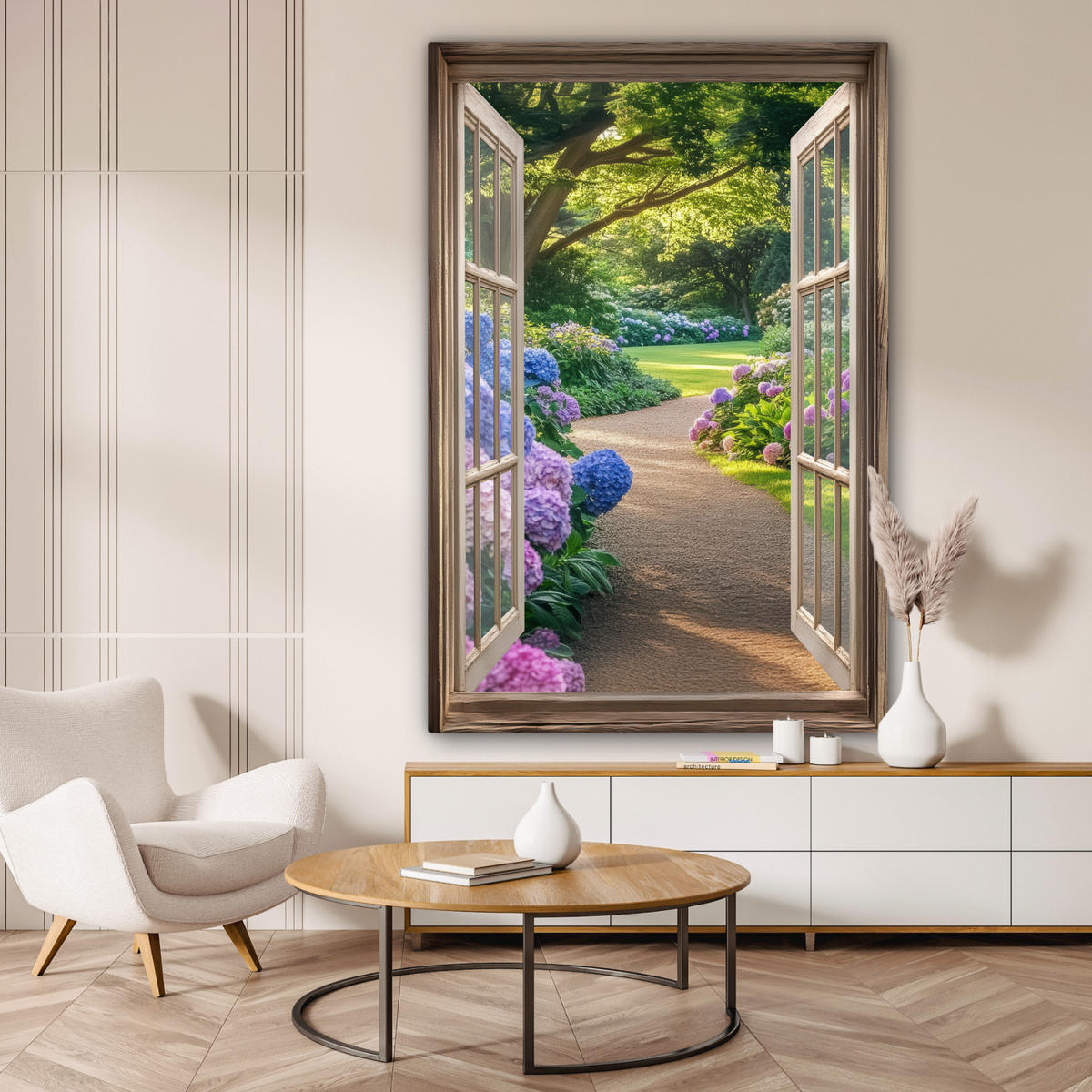 LEINWANDBILD Aussicht - Garten - Fenster - Hortensie - Blumen 90x140 cm - Pastellblau, Textil (90/140cm) - MuchoWow