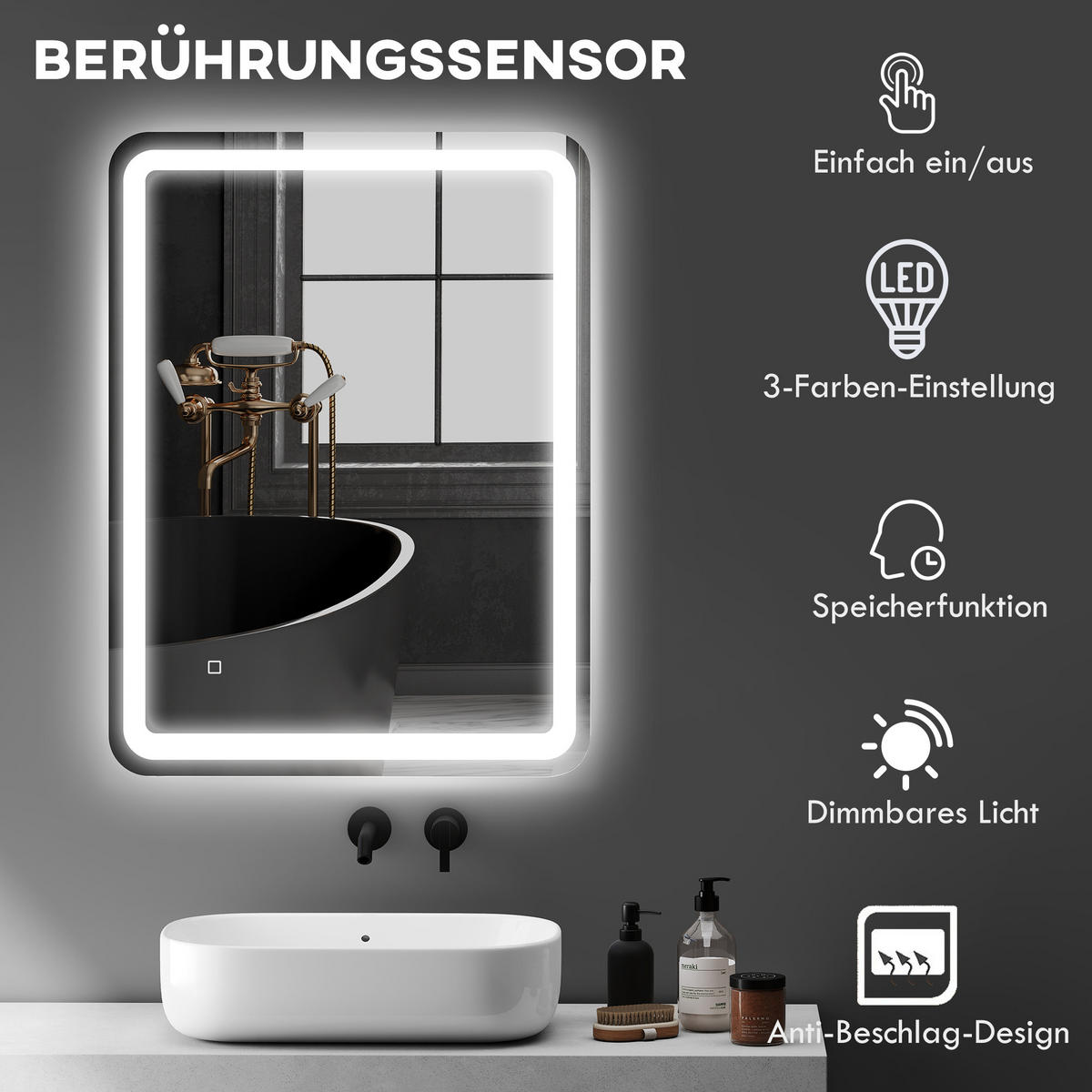 BADSPIEGEL, 60 x 80 cm LED Badezimmerspiegel mit 3 Lichtfarben, Touch-Schalter - Silberfarben, Glas (60/4/80cm) - HOMCOM