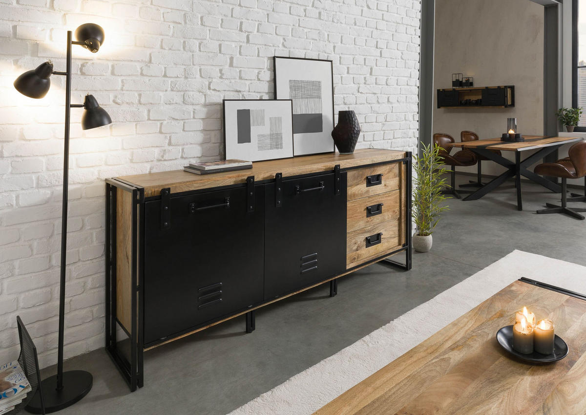 SIDEBOARD Mango 195x45x90 natur klar lackiert / Metall schwarz BLACKBURN #107 - Braun, Holz (195/90/45cm) - Massivmoebel24