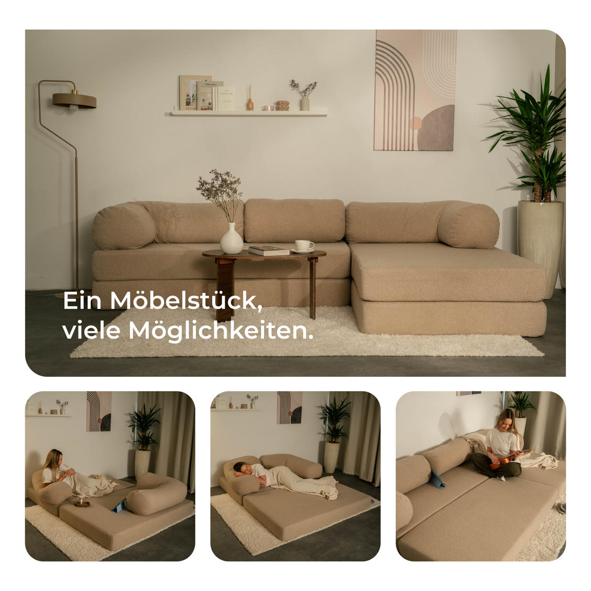 ECKSOFA KELI modulares Boneless Sofa mit Schlaffunktion Hellgrau Boucle-Stoff - Hellgrau, Textil (270/160cm) - MASSENO