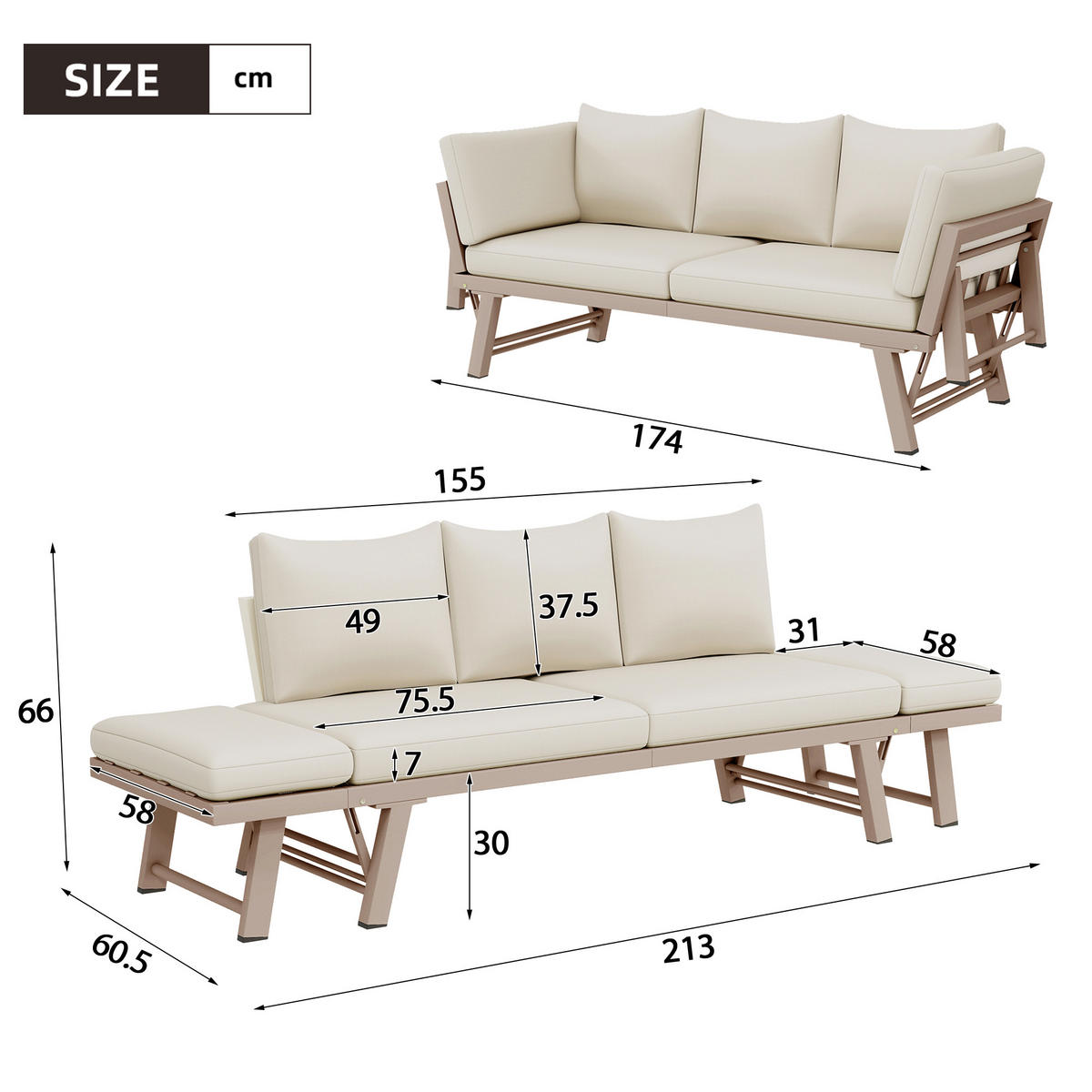 GARTENMÖBEL-SET, 3-Sitzer Outdoorsofa, Liegefunktion, Beige - Beige, Textil - FLIEKS