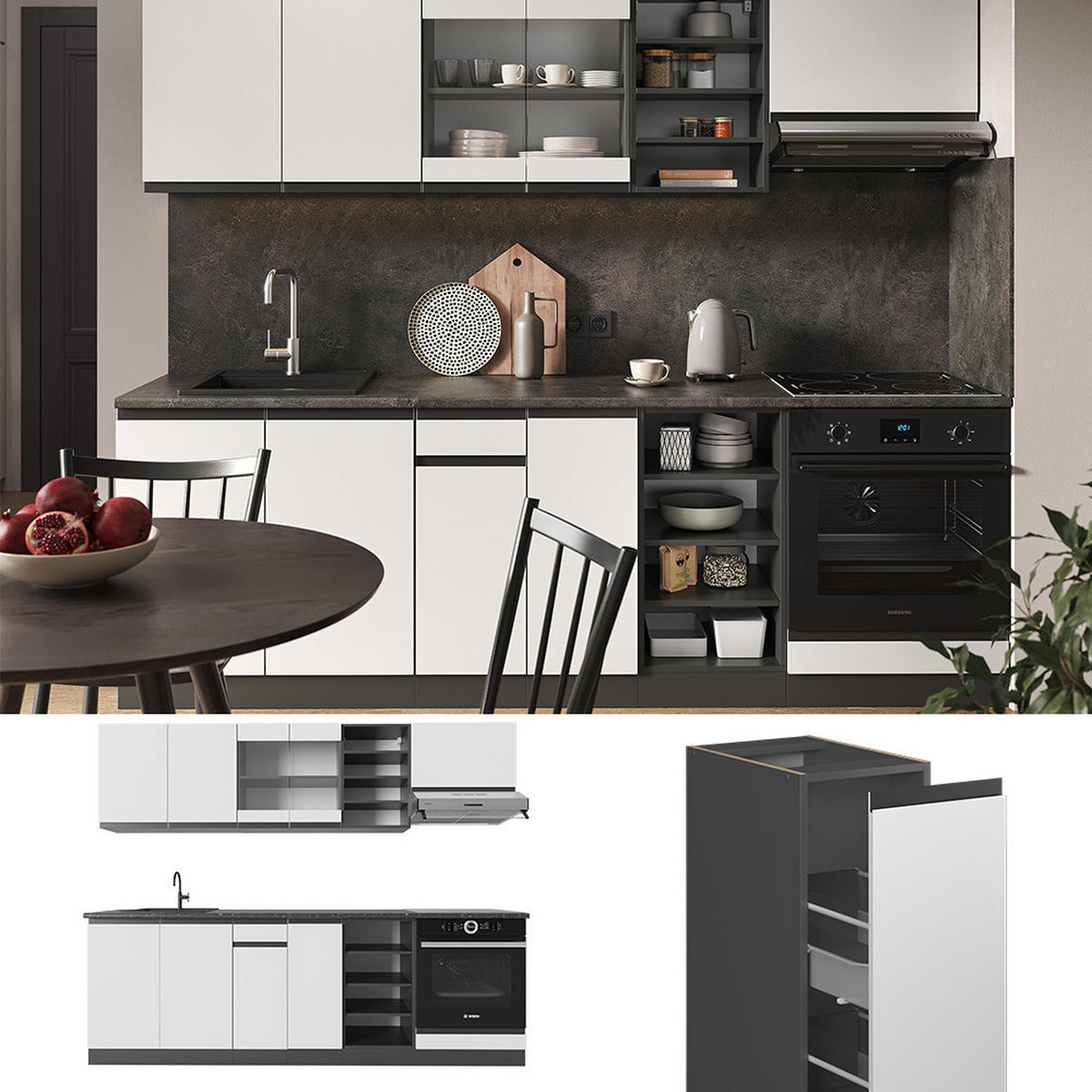 KÜCHENZEILE R-Line Weiß/Anthrazit 240 cm, AP Marmor - Anthrazit/Weiß, Holzwerkstoff (240/81.6/60cm) - Vicco