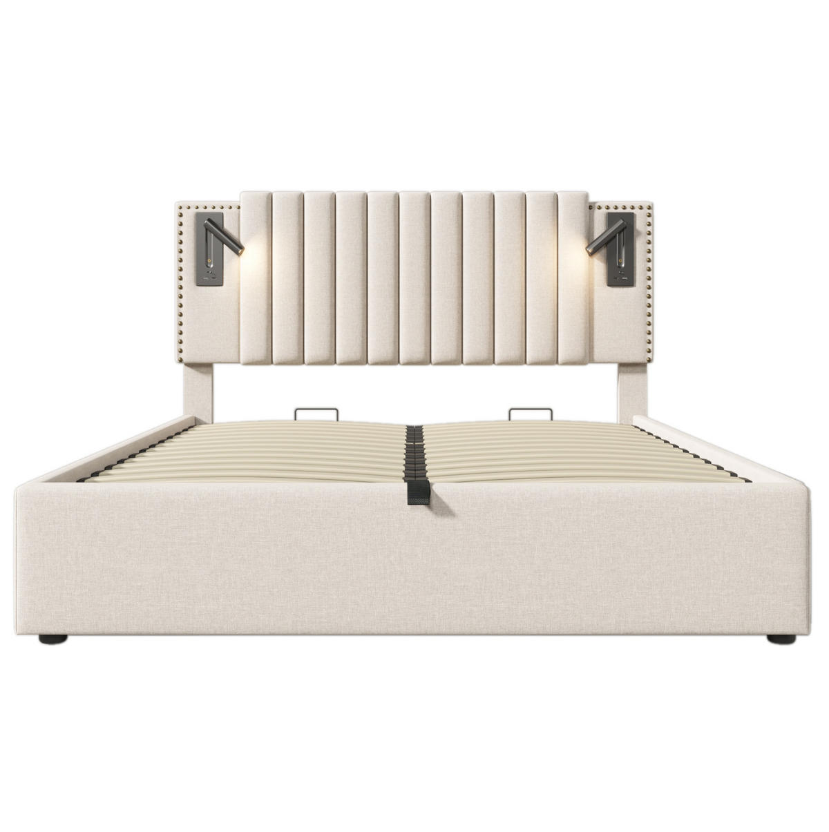 POLSTERBETT aus Baumwolle 140x200 cm in Beige mit Leselicht & USB-C - Beige, Textil (140/200cm) - Modfu