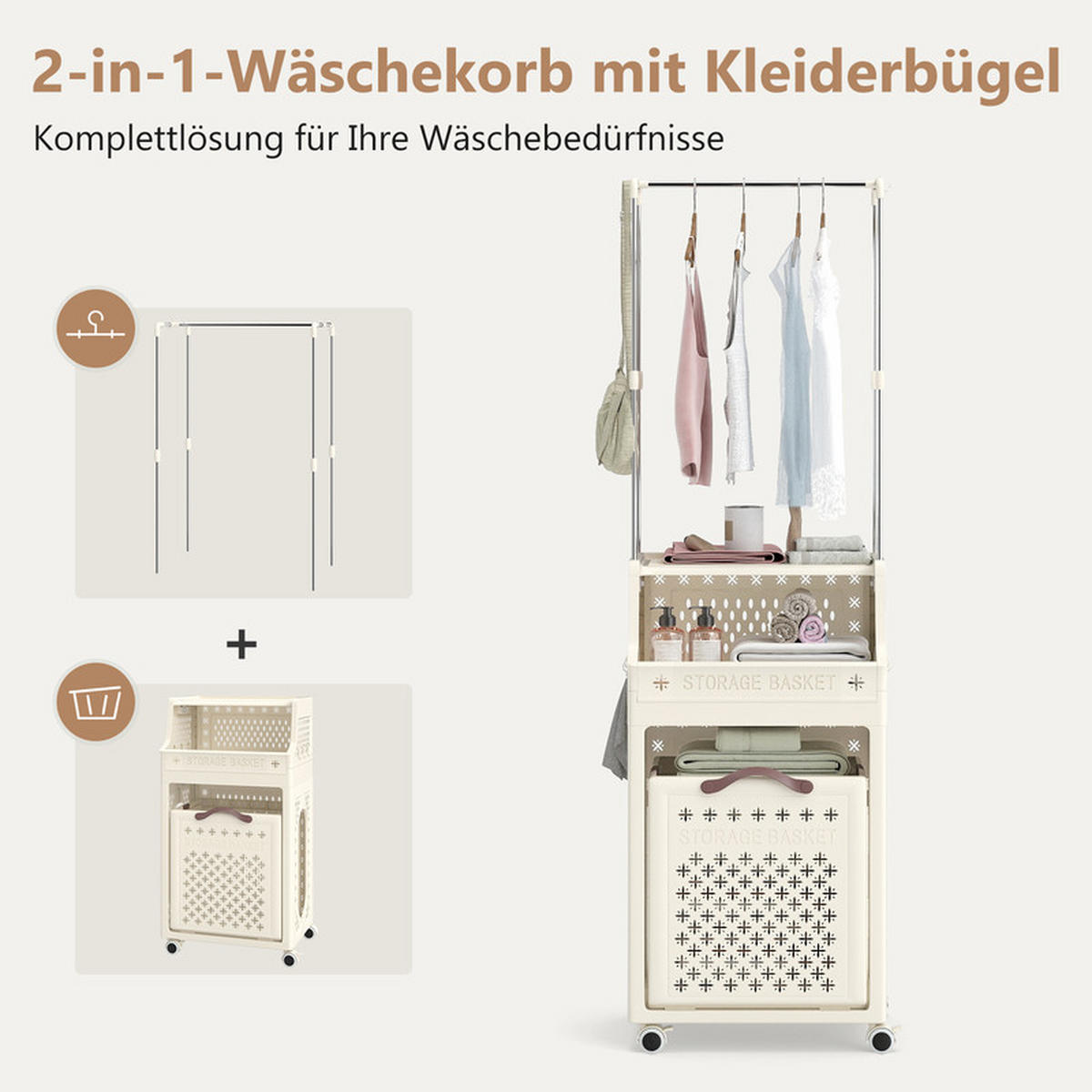 KLEIDERSTÄNDER auf Rollen beige - Beige, Kunststoff (40/136/29.5cm) - COSTWAY