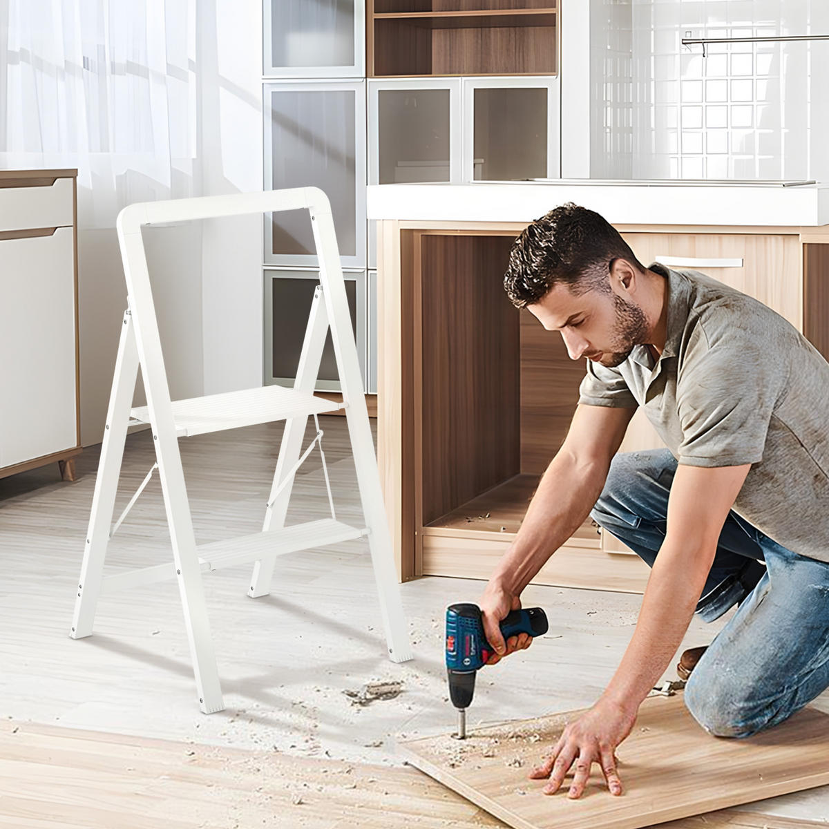 TRITTLEITER Stehleiter mit 2 Stufen Anti-Rutsch Klapptritt mit Griff Aluminum - Weiß, Metall (49.7/41.5/82.6cm) - HOMCOM