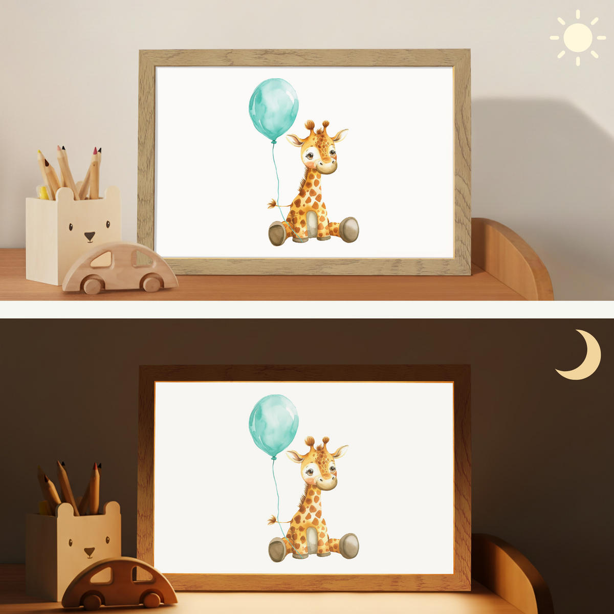 NACHTTISCHLAMPE Giraffe - Baby - Tiere - Blauer Ballon 30x20 cm - Weiß, Holzwerkstoff (8/30/20cm)