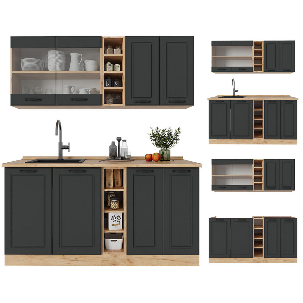 SINGLEKÜCHE R-Line Anthrazit Landhaus/Goldkraft Eiche 160 cm ohne Arbeitsplatte - Dunkelgrau/Anthrazit, Holzwerkstoff (160/81.6/46cm) - Vicco