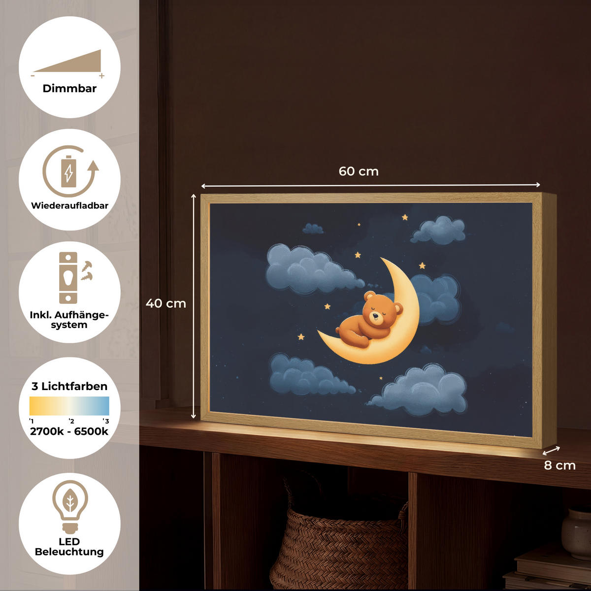 NACHTTISCHLAMPE MIT AKKU Teddybär - Mond - Wolken - Sterne 60x40 cm - Dunkelblau, Holzwerkstoff (8/60/40cm) - OnlyWow