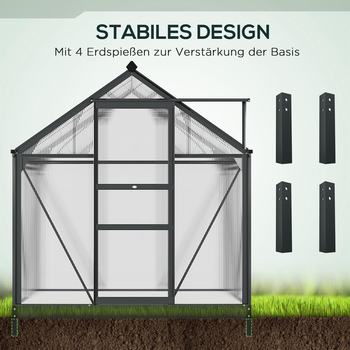 GEWÄCHSHAUS mit Dachfenster mit Tür mit Fundament, Alu+Polycarbonat, Grau+Transparent - Transparent/Grau, Kunststoff/Metall (132/201/190cm) - Outsunny