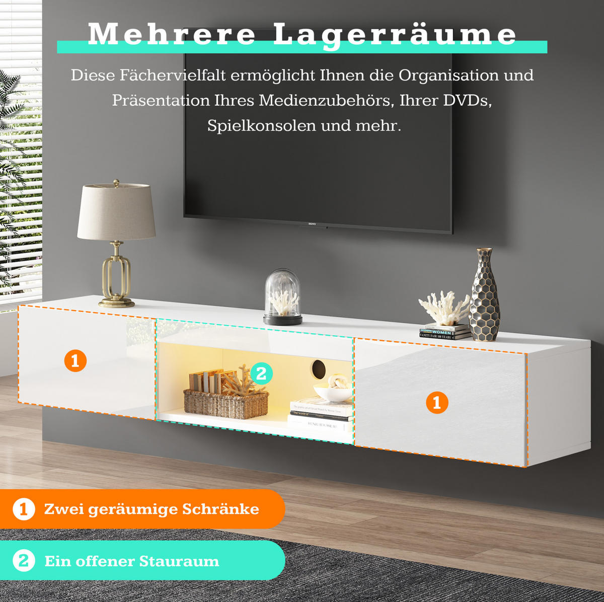 WANDLOWBOARD 160/31/22 cm mit LED-Beleuchtung und Kabeldurchlass in Weiß - Weiß, Holzwerkstoff (160/22/31cm) - BEAOK