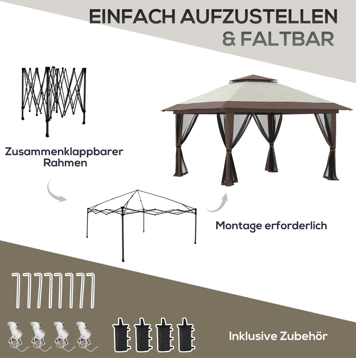 FALTPAVILLON 392/392/283 cm höhenverstellbar mit UV50+ und wasserfestem Dach, Beige - Beige, Textil (392/283/392cm) - Redom