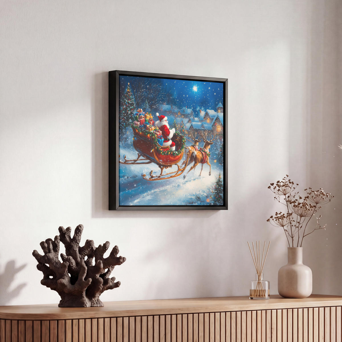 LEINWAND Bilder mit Rahmen - Weihnachtsmann - Rentier - Weihnachten - Schnee - 20x20 - Cognac, Textil (20/20cm) - MuchoWow