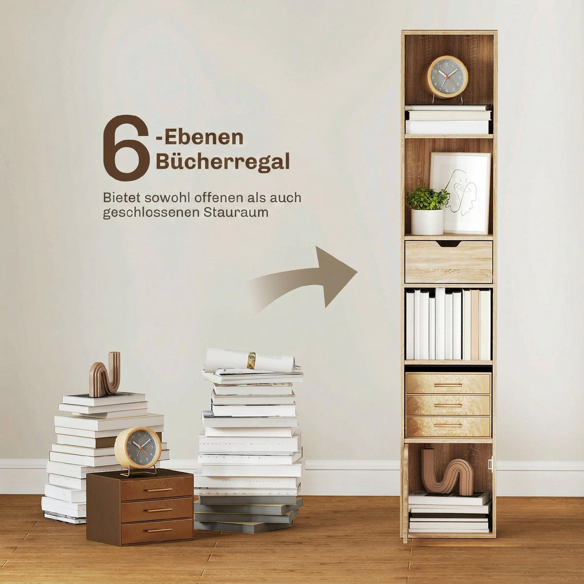 BÜCHERREGAL,4 Ebenen Schrank Schublade 30x24x158cm,holzfarbe - Beige, Holzwerkstoff (30/158/24cm) - Vallsero