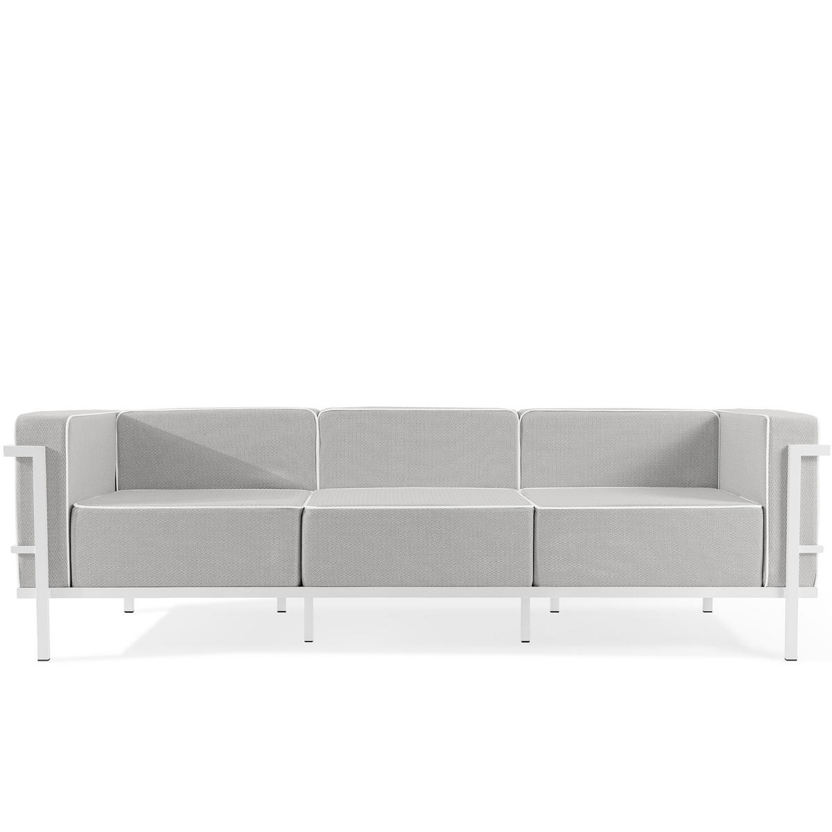 GARTENLOUNGE-SET TRIGLO 1x Tisch, 2x Sessel, 1x Sofa 3-Sitzer, 4-tlg., Modern, Weiß - Dunkelgrau/Weiß, Glas/Textil - KONSIMO®