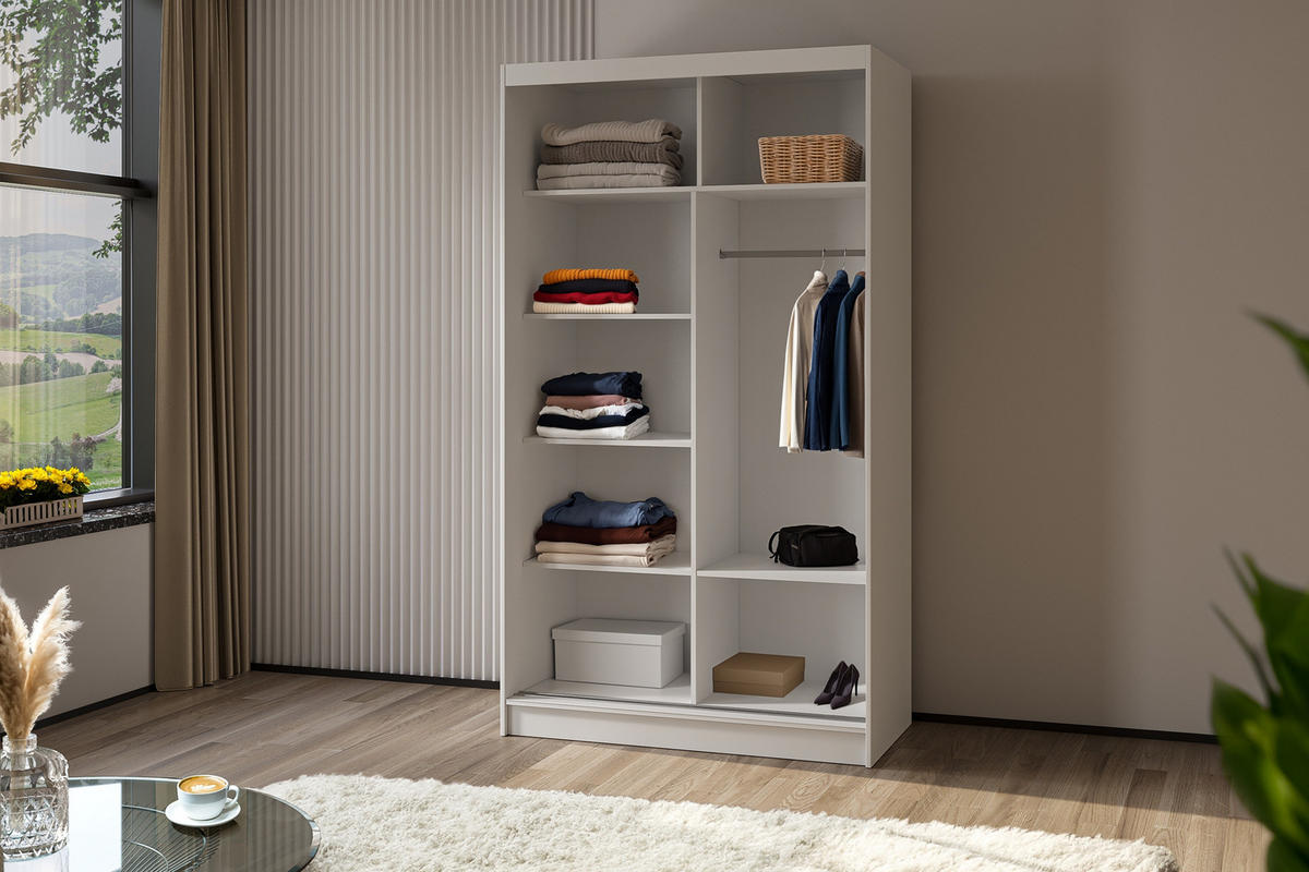 SCHWEBETÜRENSCHRANK Cabinio Weiß Eiche Artisan 120/216/61 cm – Modern, mit Lamellen - Walnussfarben/Weiß, Holzwerkstoff/Kunststoff (120/216.1/61cm) - AX Living