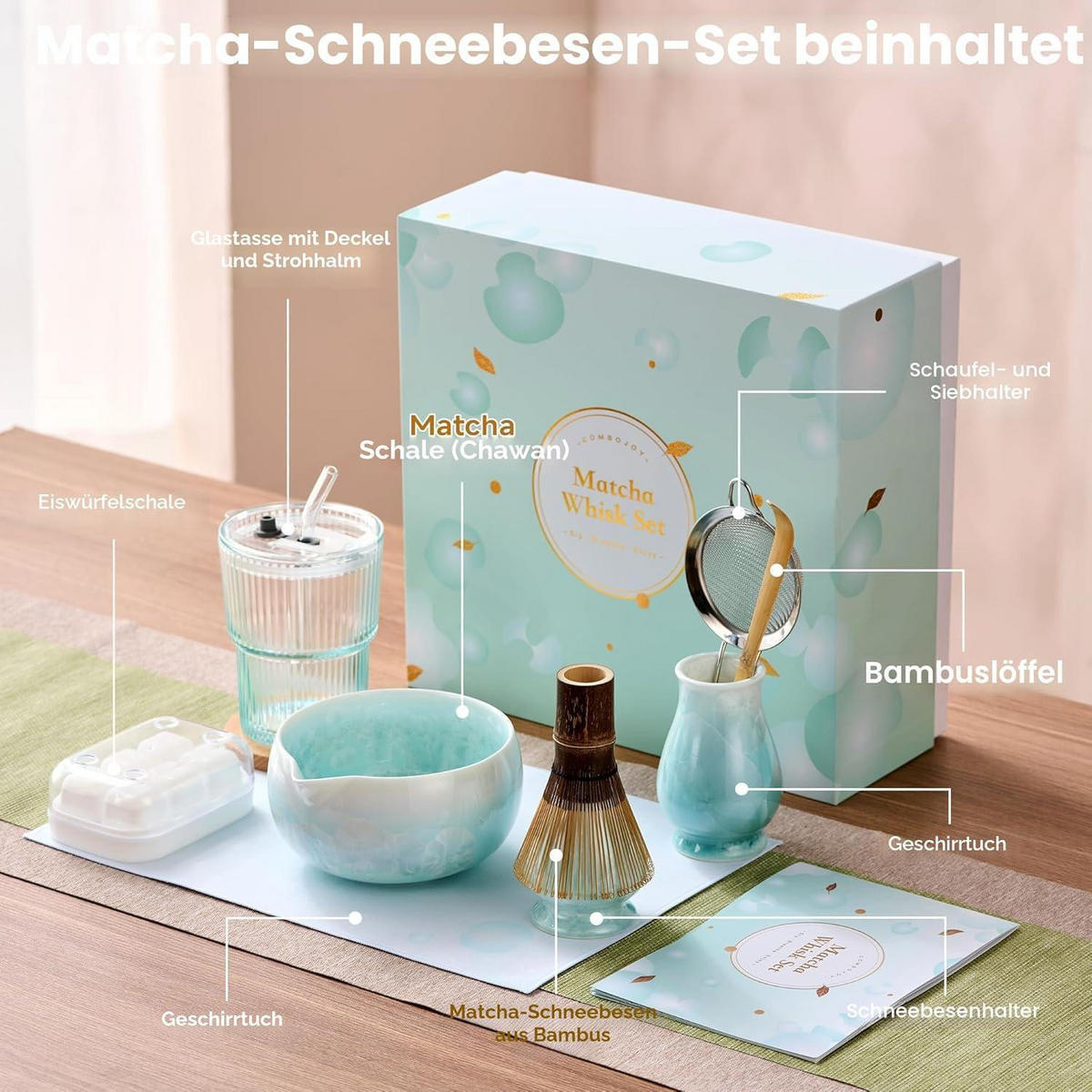 MATCHA Set 9-teilig Blau Kristallglasur Schale Bambusbesen & Halter Becher Eiswürfelform Löffel Sieb Teetuch - Multicolor, Keramik (15/10/20cm)