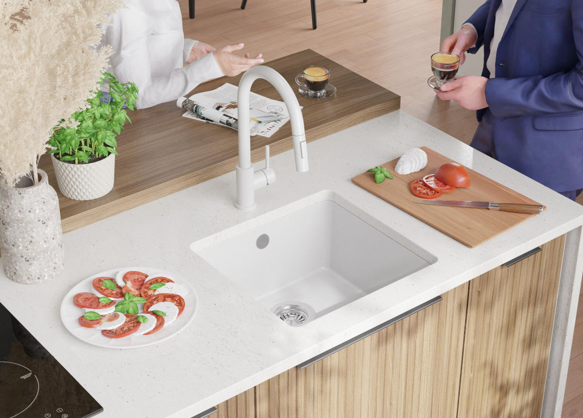UNTERBAUSPÜLE GRANIT Venedig Easy, 2-er set Weiß 46/44 cm 1 Becken + Küchenarmatur 32/20 cm + Ablauf-Set ab 50er Unterschrank - Chromfarben/Weiß, Kunststoff (46/20/44cm) - Primagran