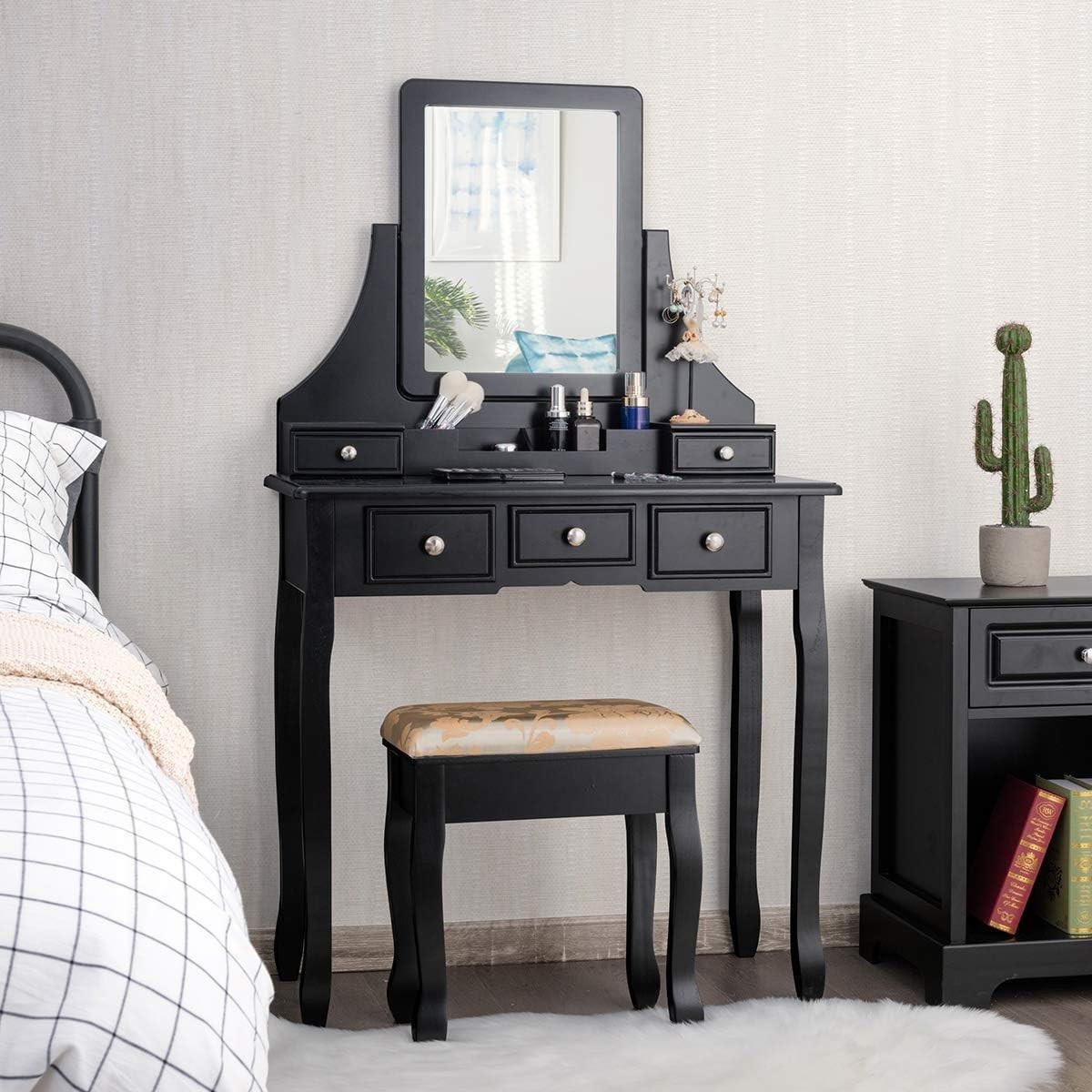 SCHMINKTISCH mit hocker frisiertisch Schwarz - Schwarz, Holz (80/139/40cm) - COSTWAY