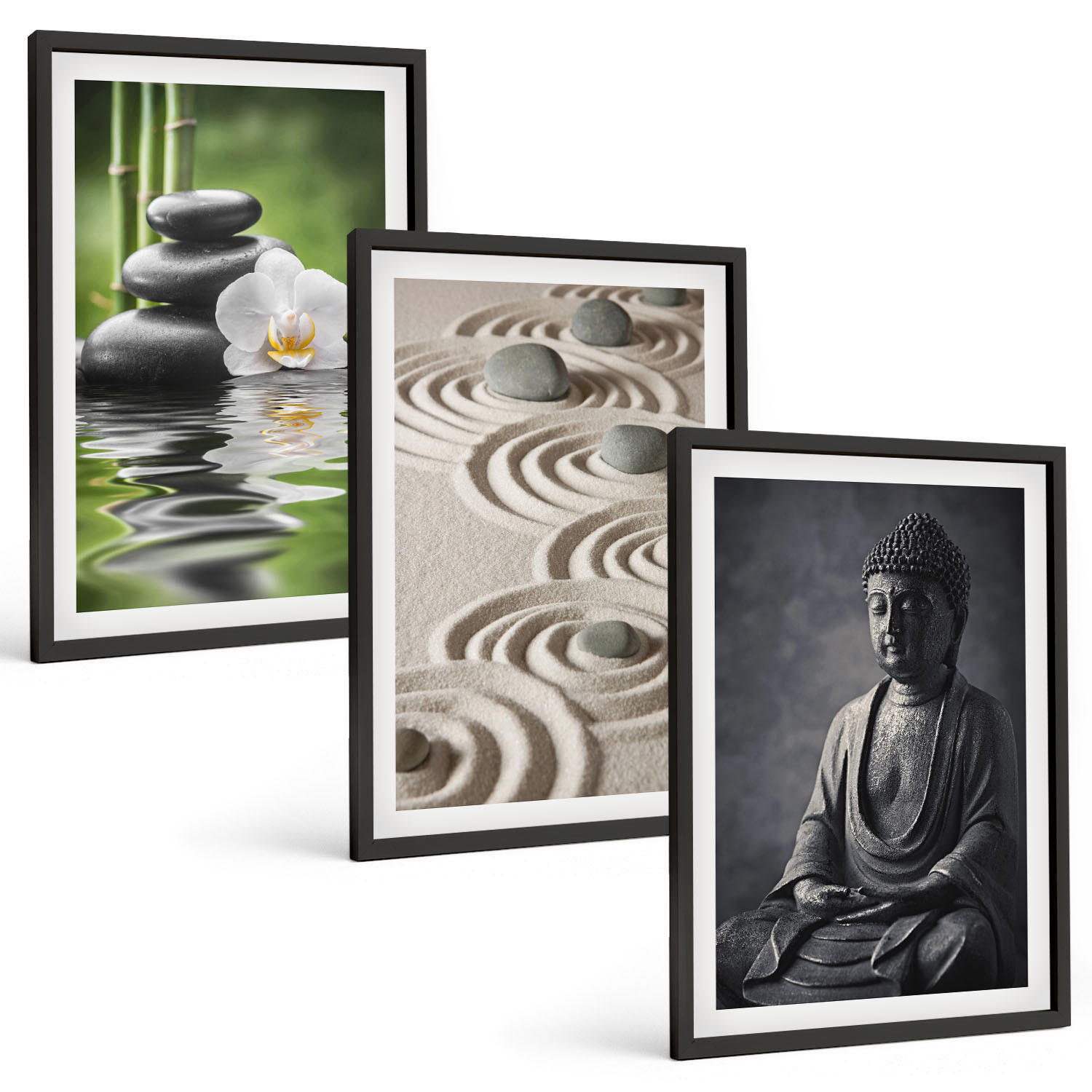 BILDER SET 3er Set - 40x60 cm Schwarzer Rahmen - Entspannender Blick auf den Zen-Buddha - Schwarz, Kunststoff (40/60cm) - TULUP