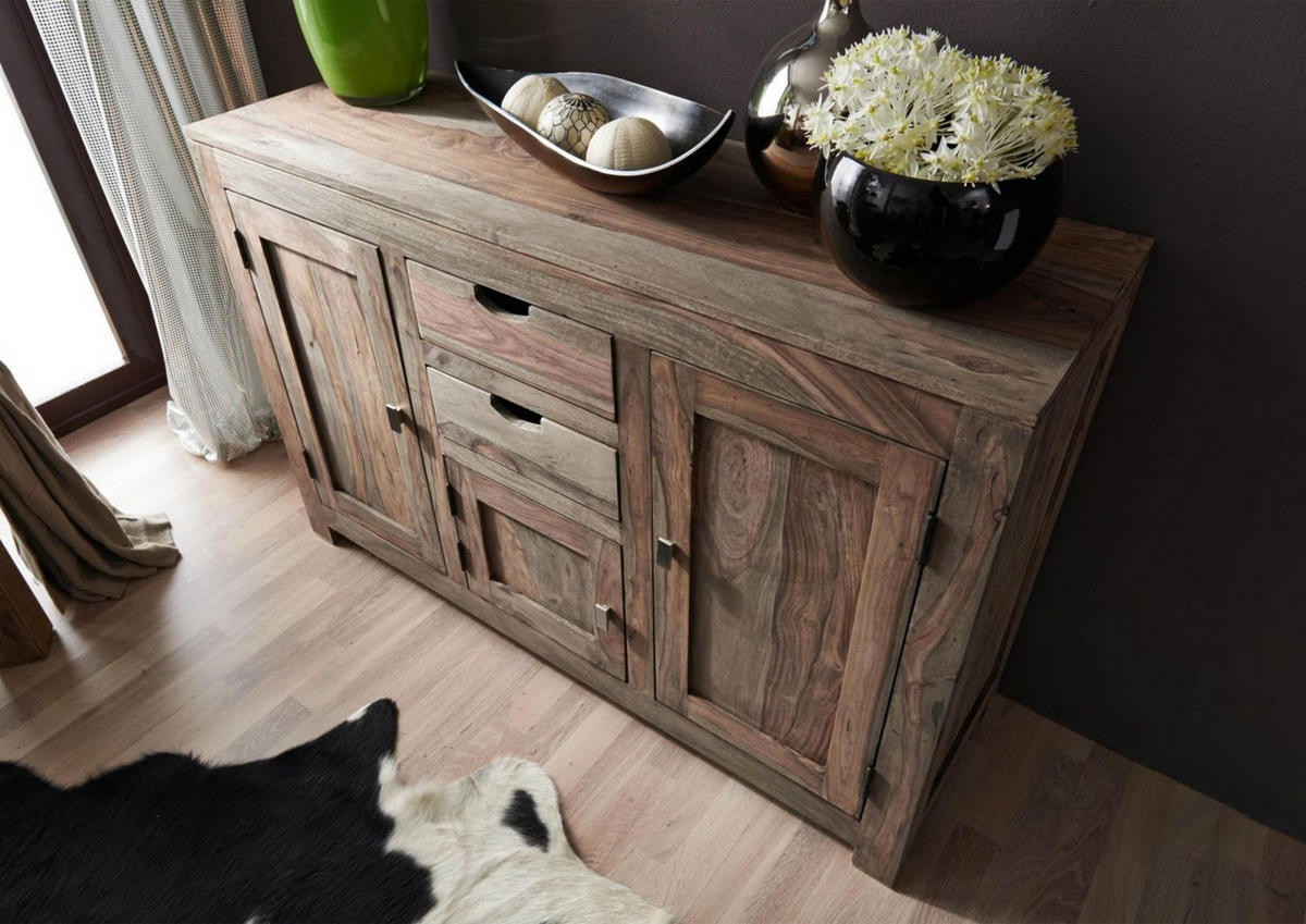 SIDEBOARD Sheesham 130x45x85 grau geölt NATURE GREY #86 - Grau, Holz (130/85/45cm) - Massivmoebel24