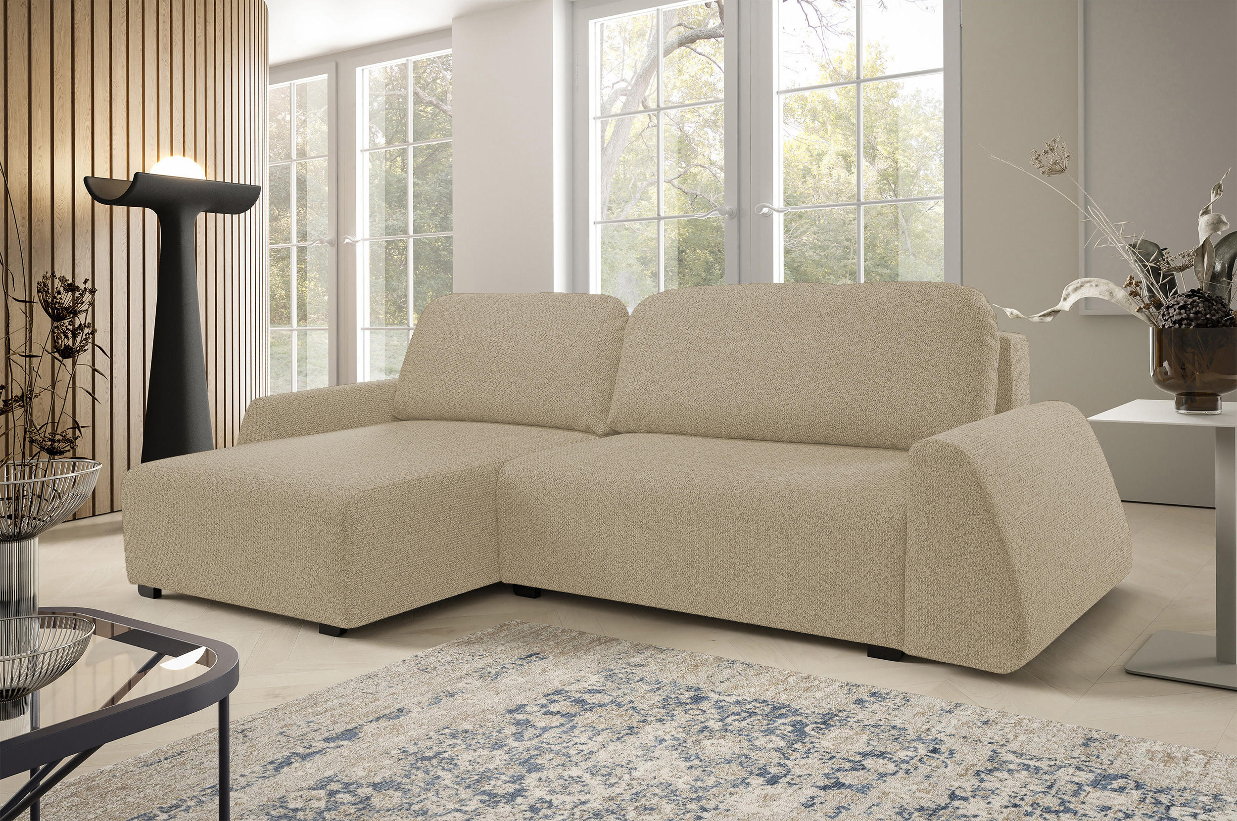 ECKSOFA ALMI mit Schlaffunktion Bettkasten Wellenfedern Komfortable Sitzpolsterung Elegantes Design Linke, 160x275 cm Cappucino - Cappuccino, Holz/Textil (160/275cm) - DomoHome