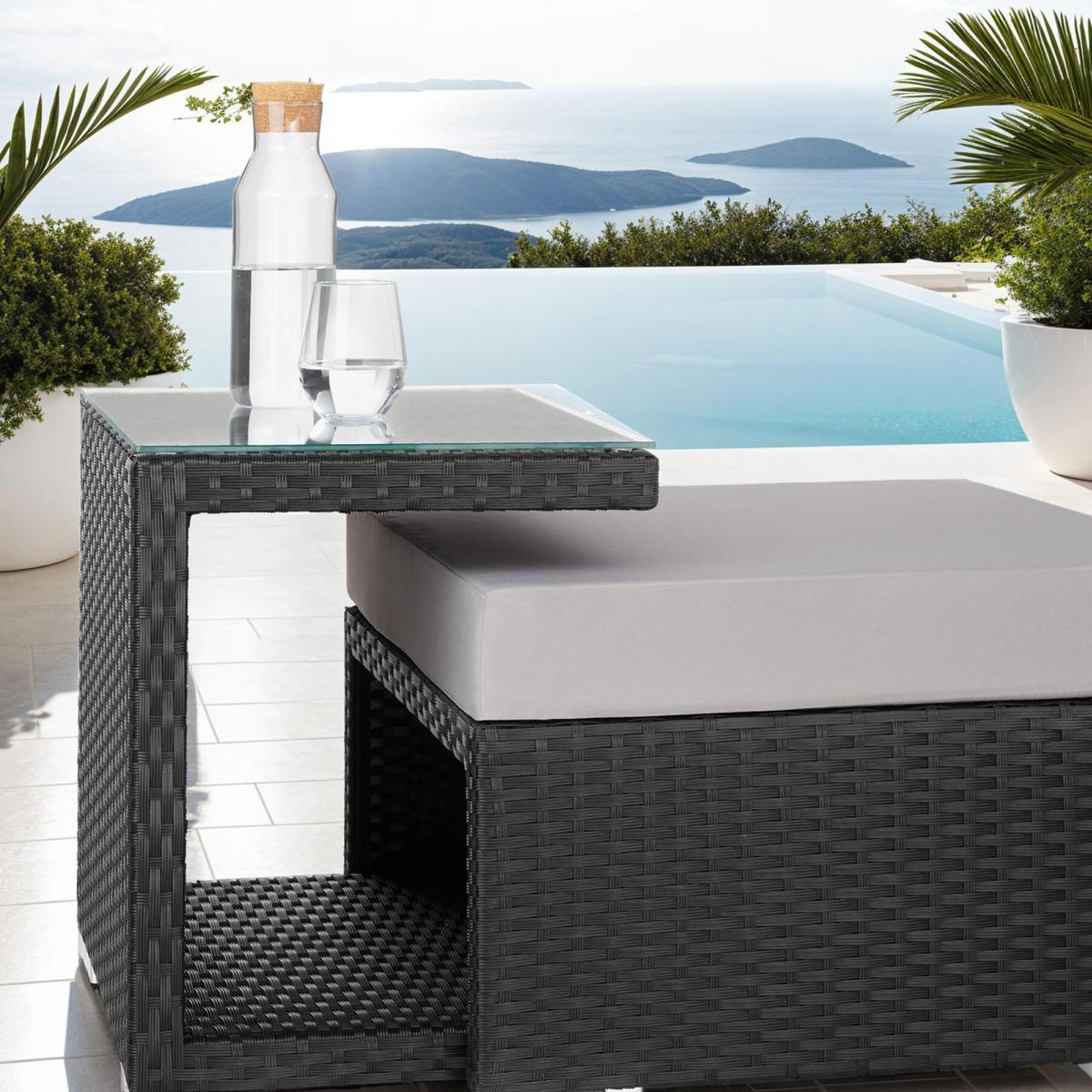 ALUMINIUM RATTANLOUNGE San Marino, mit klappbarem Sonnenschutz, schwarz - Schwarz, Kunststoff (68/131/199cm) - tectake
