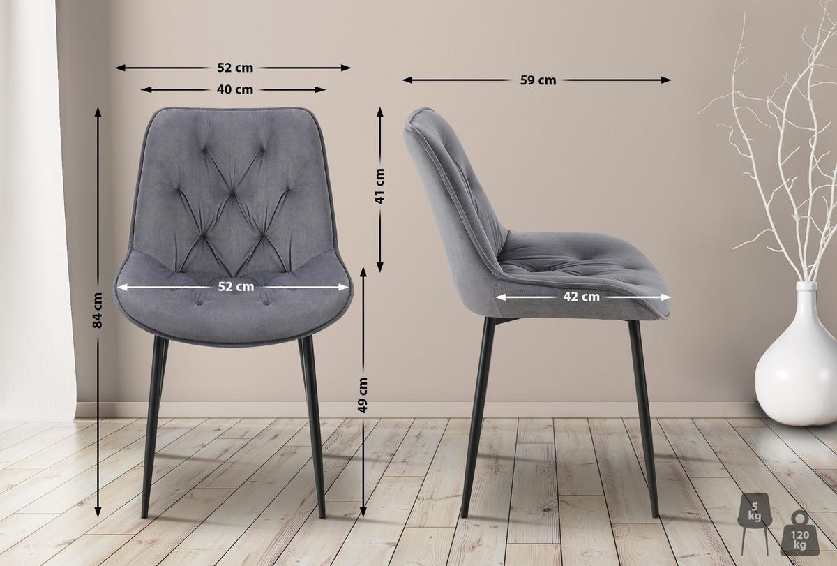STUHL Samt dunkelgrau - Dunkelgrau/Schwarz, Textil/Metall (52/84/59cm) - CLP