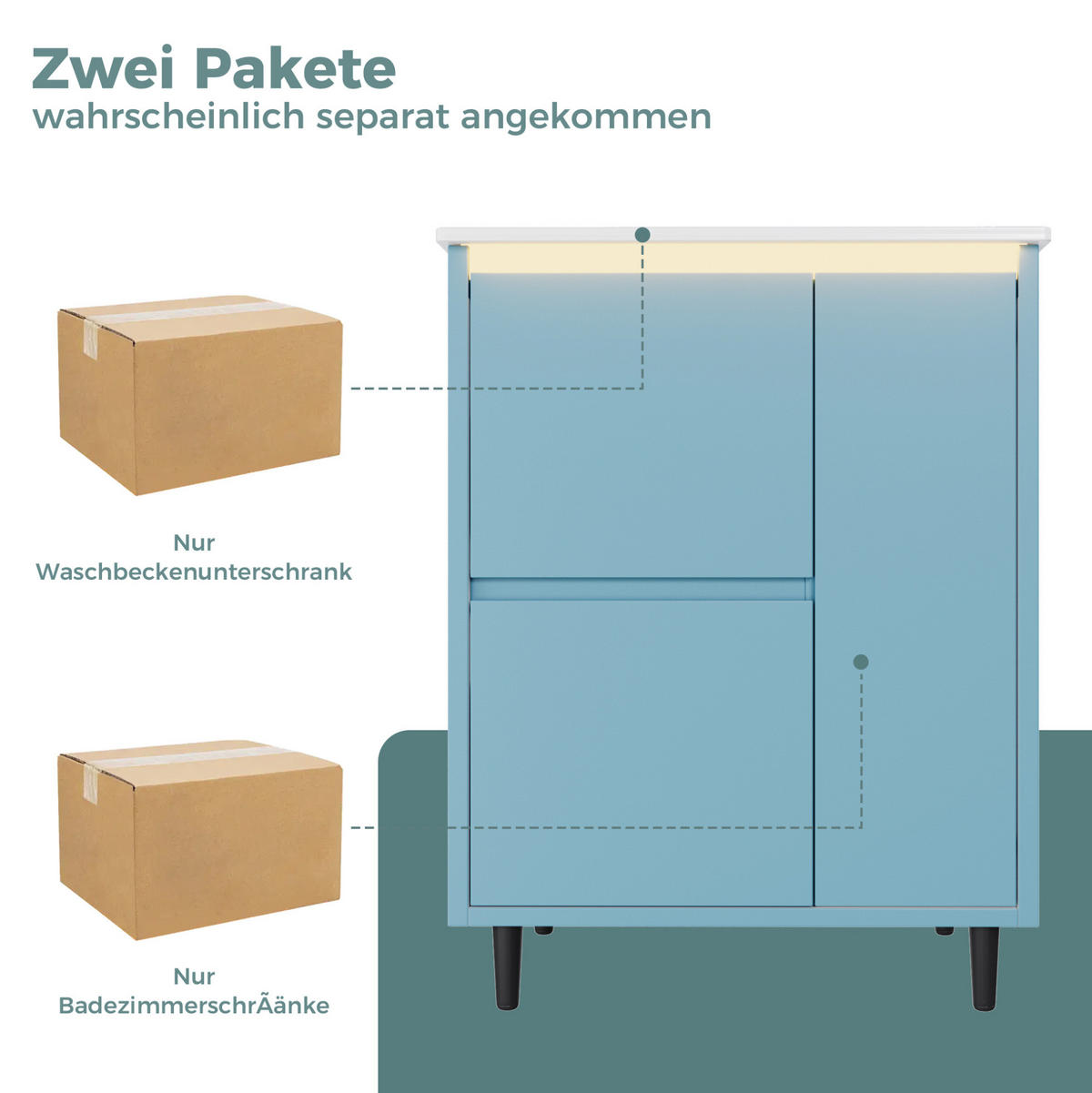 BADMÖBEL mit Waschtisch aus Keramik und MDF 61x46,5x87 cm Blau mit 2 Schubladen, Schrankfach und Soft-Close - Blau, Keramik (61/87/46.5cm) - Modfu