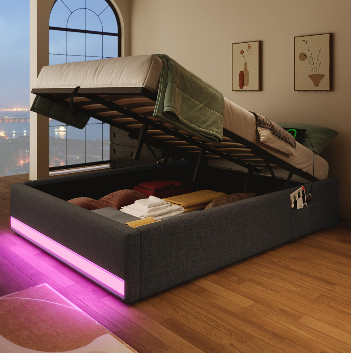 POLSTERBETT 90/200 cm Grau mit LED-Beleuchtung, Stauraum und USB-Anschlüssen - Grau, Textil (90/200cm) - Flora Grace