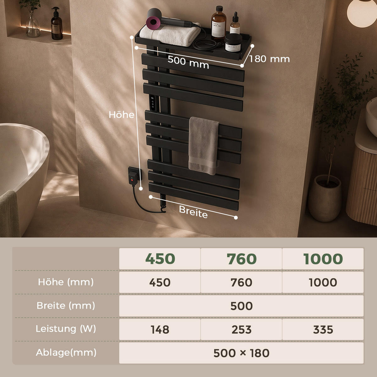 HEIZKÖRPER Elektrisch 100/50 cm Schwarz 335 W mit WLAN, Ablage und Carbon-Heizung - Schwarz, Metall (50/100/18.5cm) - S'AFIELINA
