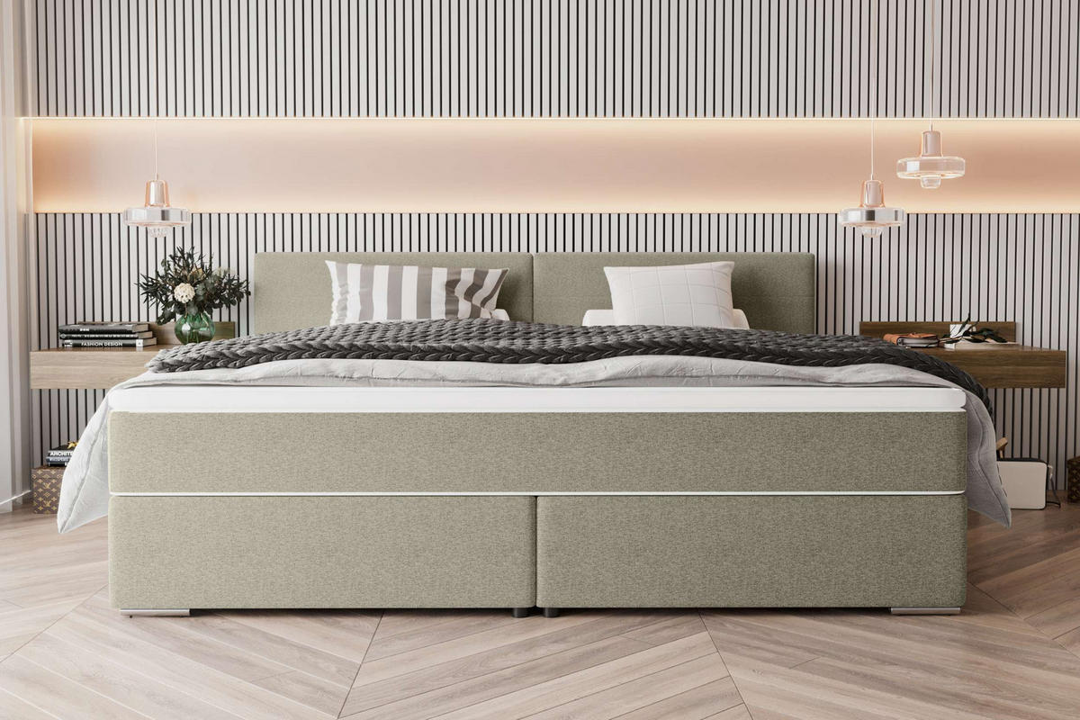 FAMILIENBETT BOXSPRINGBETT Webstoff Beige 220/200 cm - Chromfarben/Beige, Kunststoff/Textil (220/200cm) - 99rooms