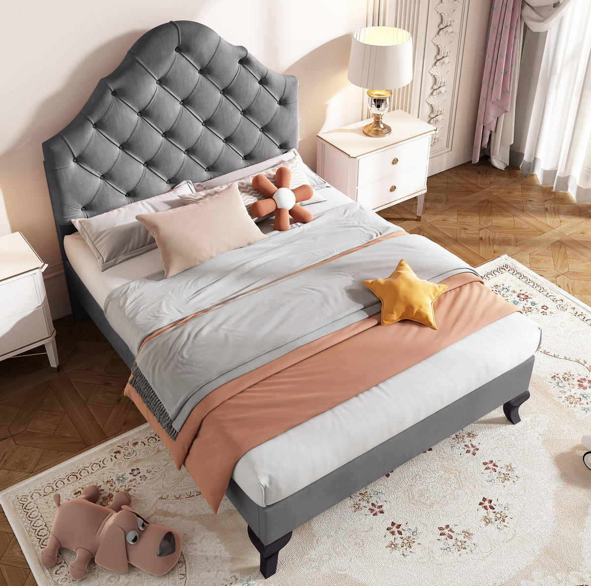 POLSTERBETT aus Samt 90x200 cm Grau mit Lattenrost und gepolstertem Kopfteil - Grau, Textil (90/200cm) - IVMEU