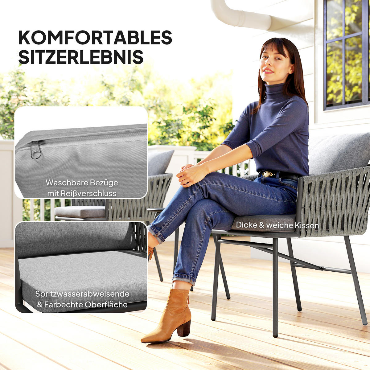 RATTAN-BISTROSET 3er Set Stahl PE-Rattan Grau - Grau, Textil/Metall - Outsunny