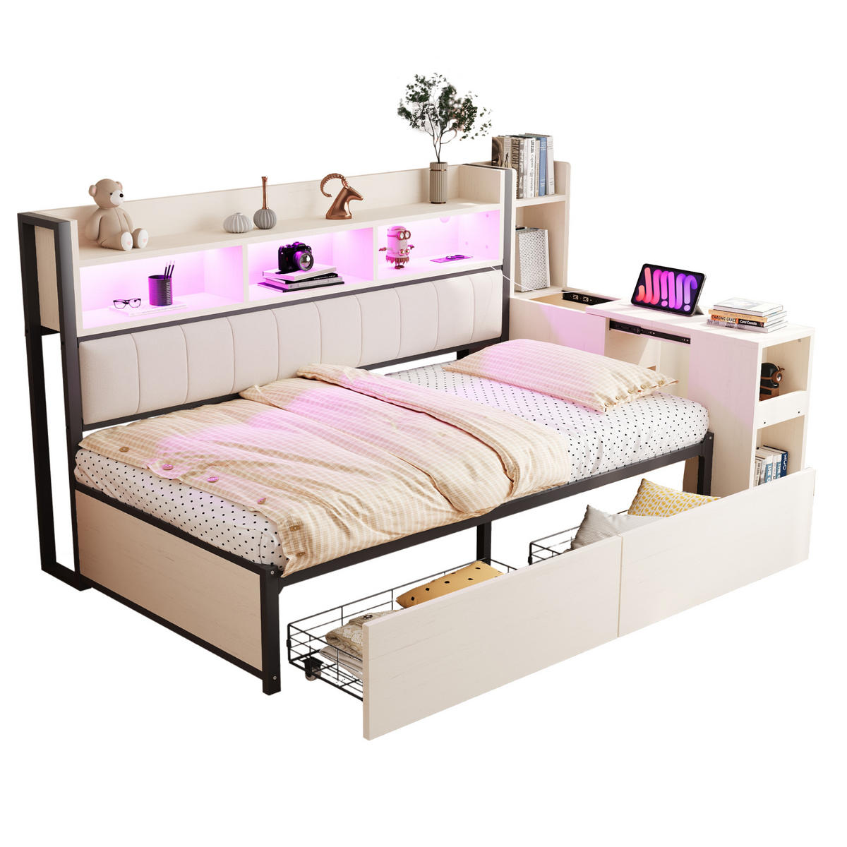 BETT 90/200 cm mit Schreibtisch und Stauraum Weiß Metall & Holz - Weiß, Metall (90/200cm) - OKWISH