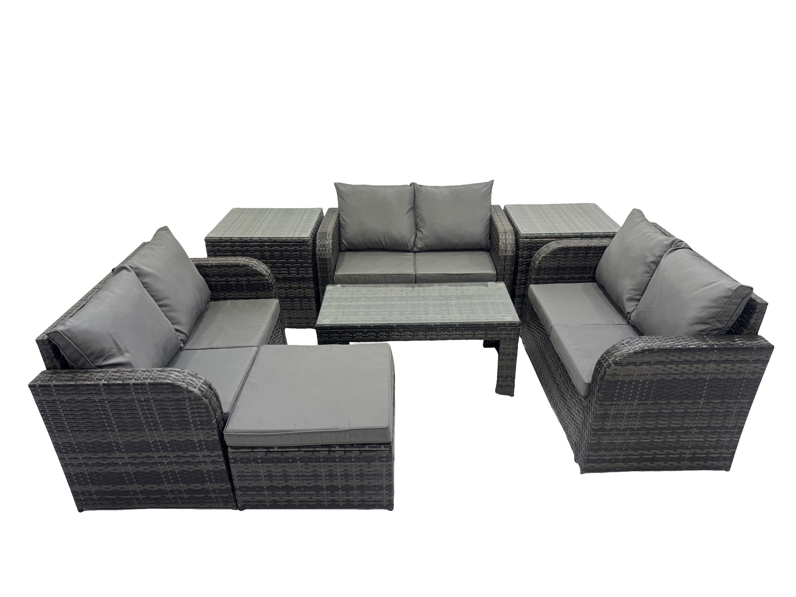 GARTENSOFA SET mit rechteckigem COUCHTISCH Polyrattan 7-Sitzer Dunkelgrau - Dunkelgrau/Grau, Glas/Kunststoff - Fimous