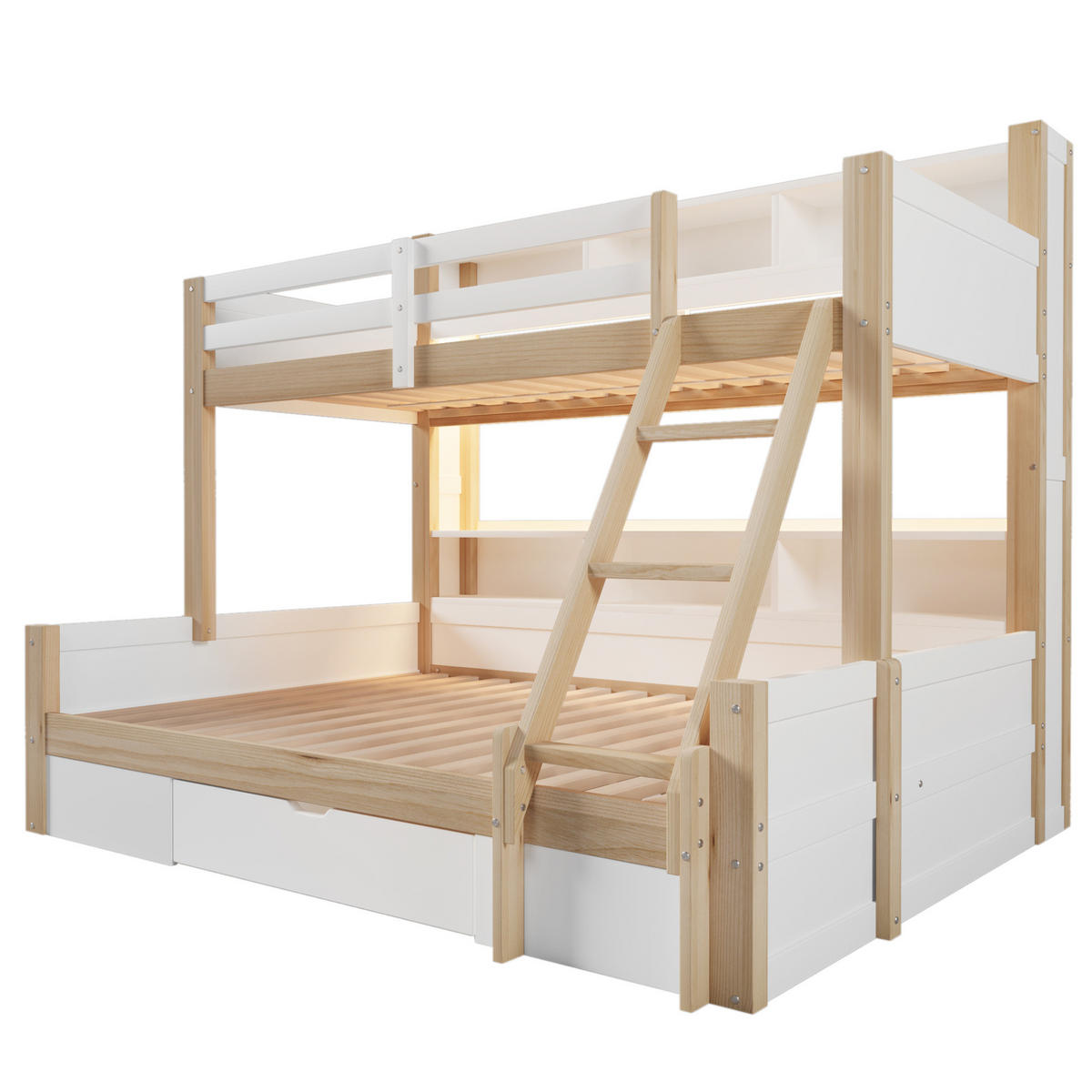 ETAGENBETT 90/200 + 140/200 cm mit LED-Beleuchtung und Stauraum in Weiß/Natur - Weiß, Holz - BEAOK