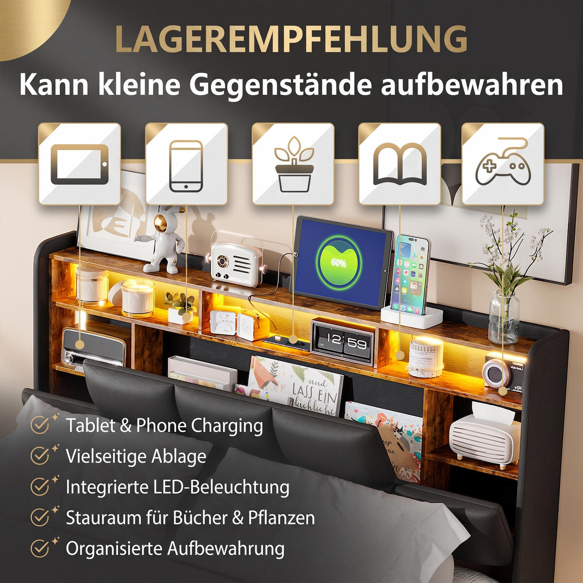 POLSTERBETT 140x200, Doppelbett mit Bettkasten, LED und USB, hydraulischer Stauraum, PU Schwarz - Schwarz, Leder/Holz (140/200cm) - GENKI LIVING