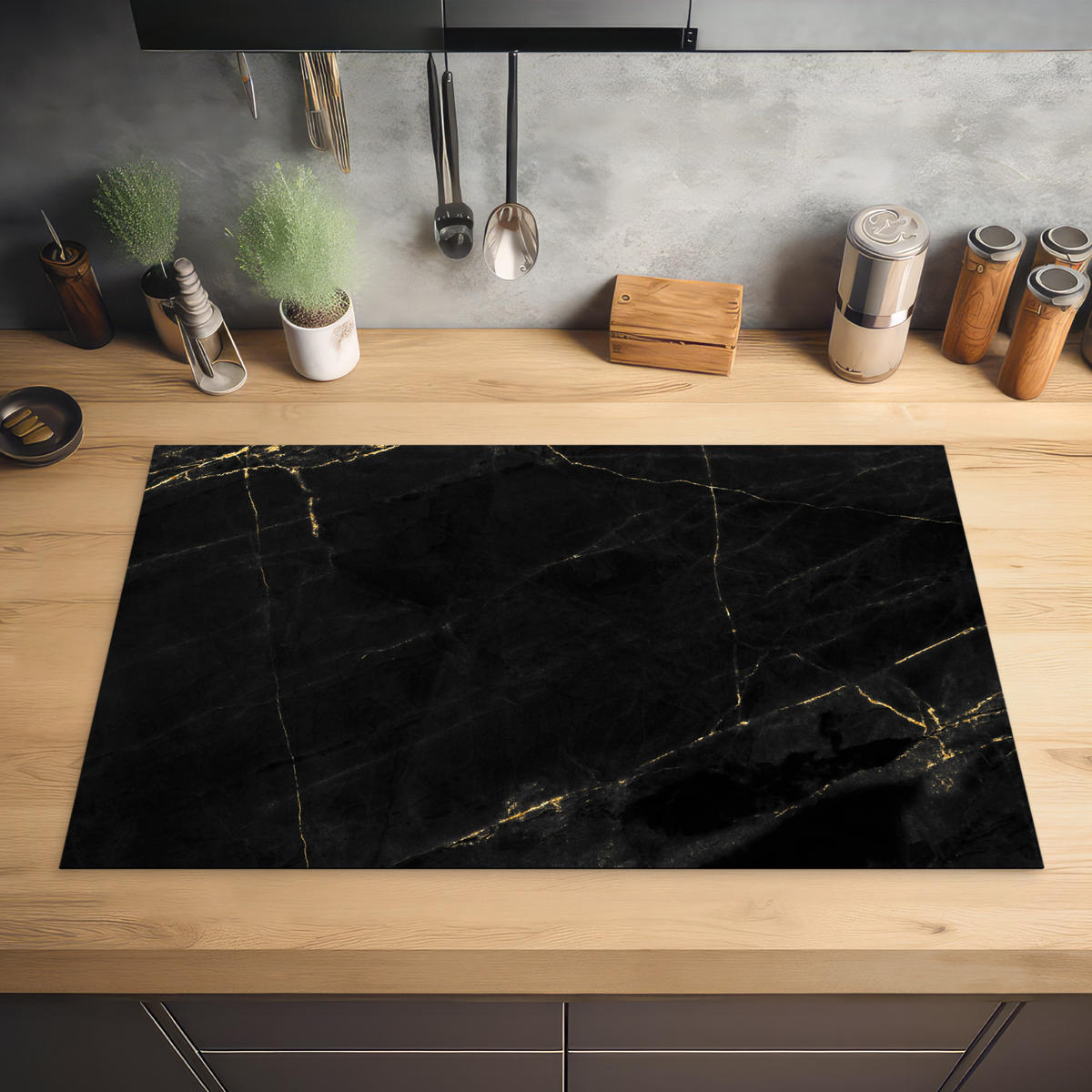 HERDABDECKPLATTE Marmor - Schwarz - Gold - Chic - Marmoroptik - Design Ceranfeldabdeckung 85x52 cm - Schwarz, Kunststoff (85/52/0.2cm) - MuchoWow