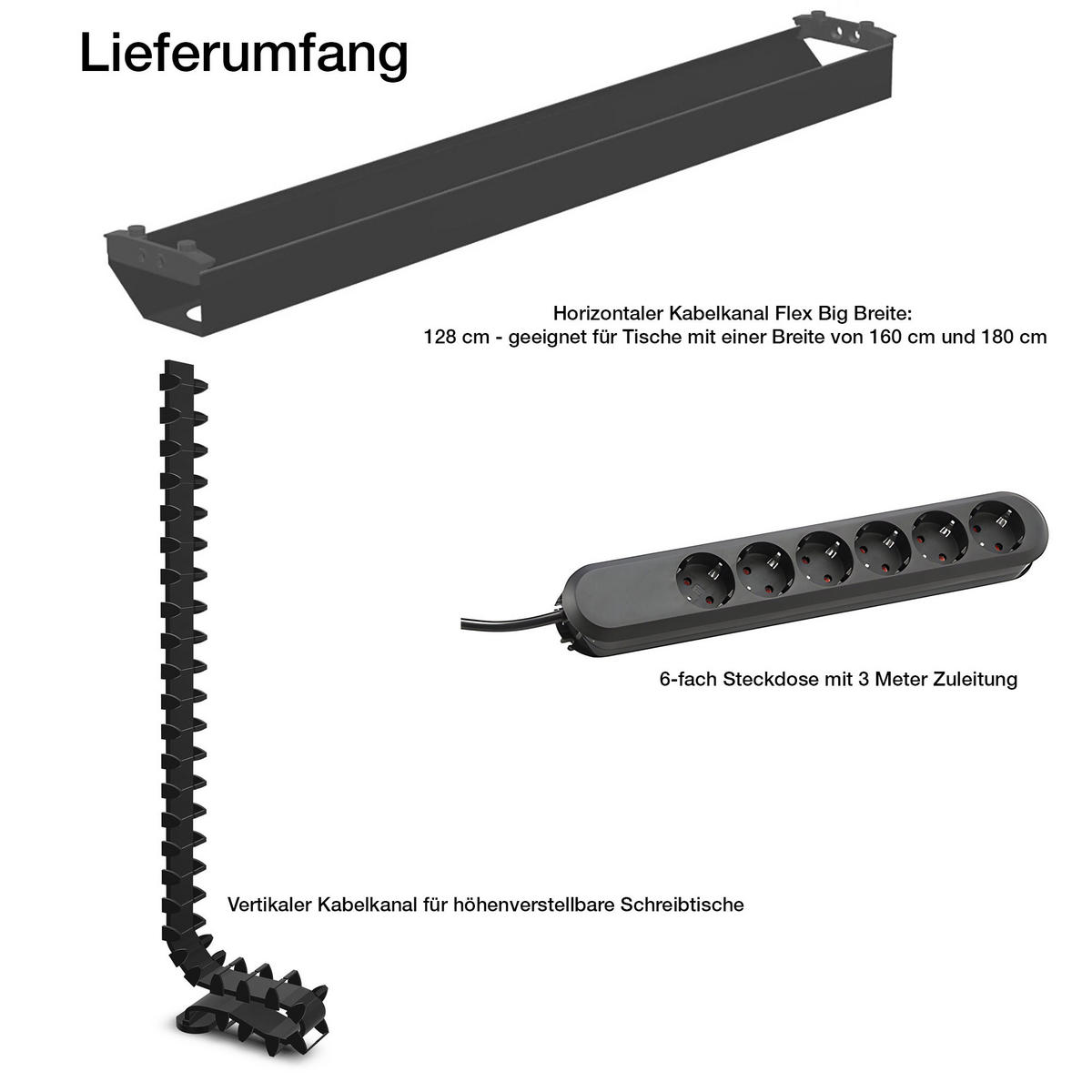 KABELMANAGEMENT-SET Horizontaler Kabelkanal Flex-big / Plus Vertikale Kabelführung + 6-fach Steckdose Schwarz 1280mm - Schwarz, Metall (16/128/10cm) - ASSMANN