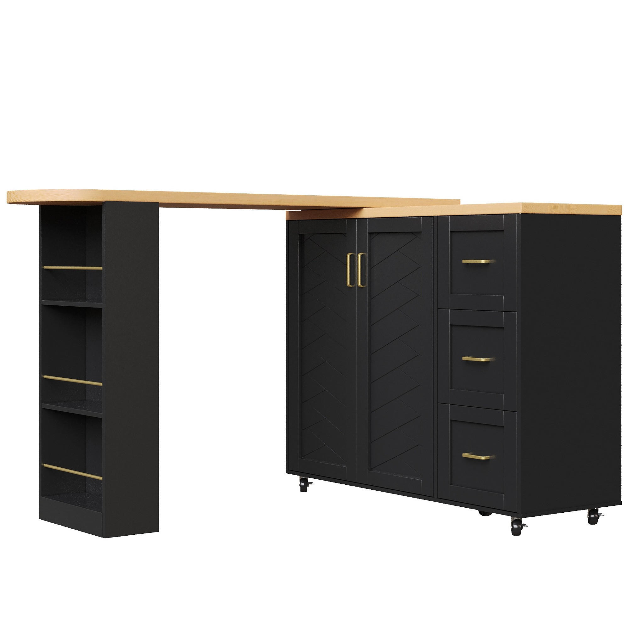 Redom BAROVÝ vozík 135-228/39/104 cm z MDF a kovu s výsuvnou deskou, 2 dvířky, 3 zásuvkami a kolečky, Černá