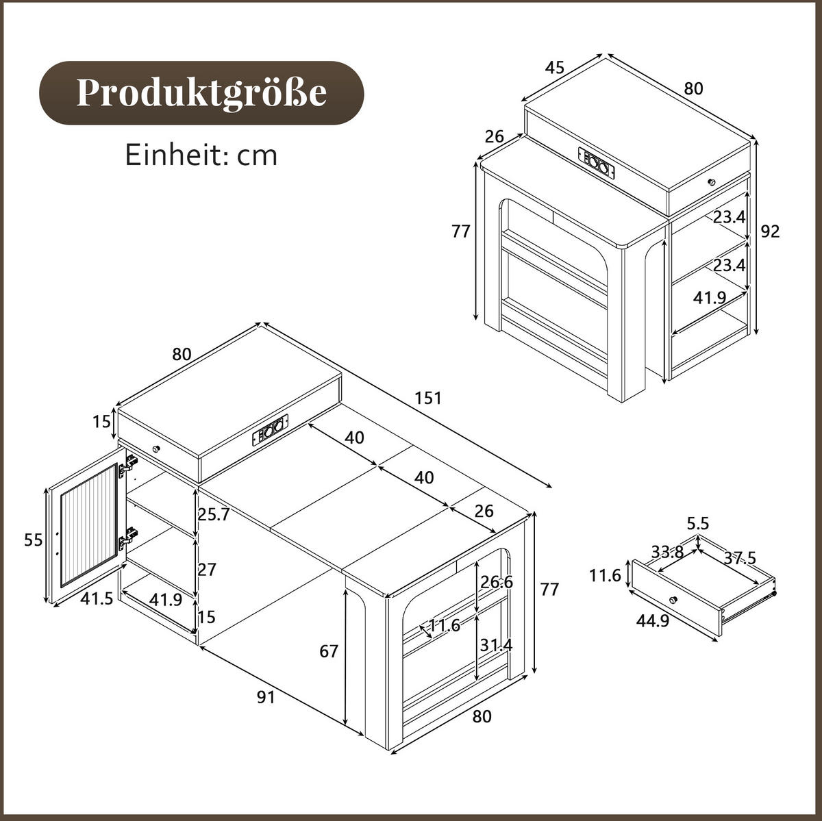 KUHINJSKI otok 80/71-111-151/92 cm bijela/crna, MDF/staklo, izvlačni s utičnicama - crna, drvni materijal (151/92/80cm) - BEAOK