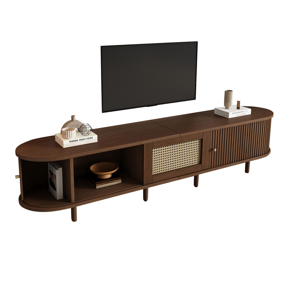 TV-STÄNDER 180cm Oval Nussbaum Rattan-Design verstellbare Füße - Braun, Holz (49.5/14.5/120cm) - FLIEKS