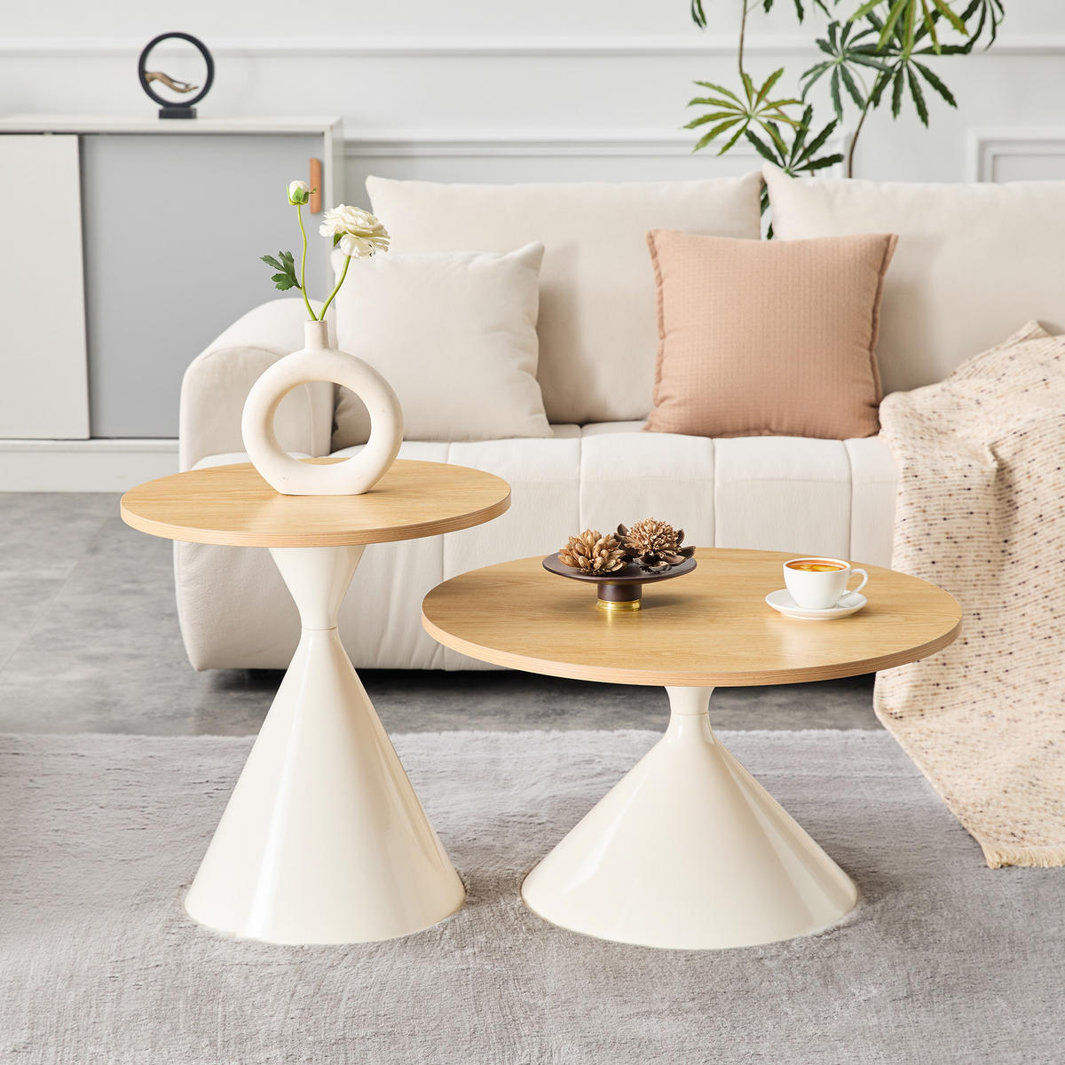 COUCHTISCH-SET DE-37434 2er-Set konusförmig mit Holzoptik Naturholz/Creme - Creme/Naturfarben, Metall (50/50/50cm) - ComfortXL
