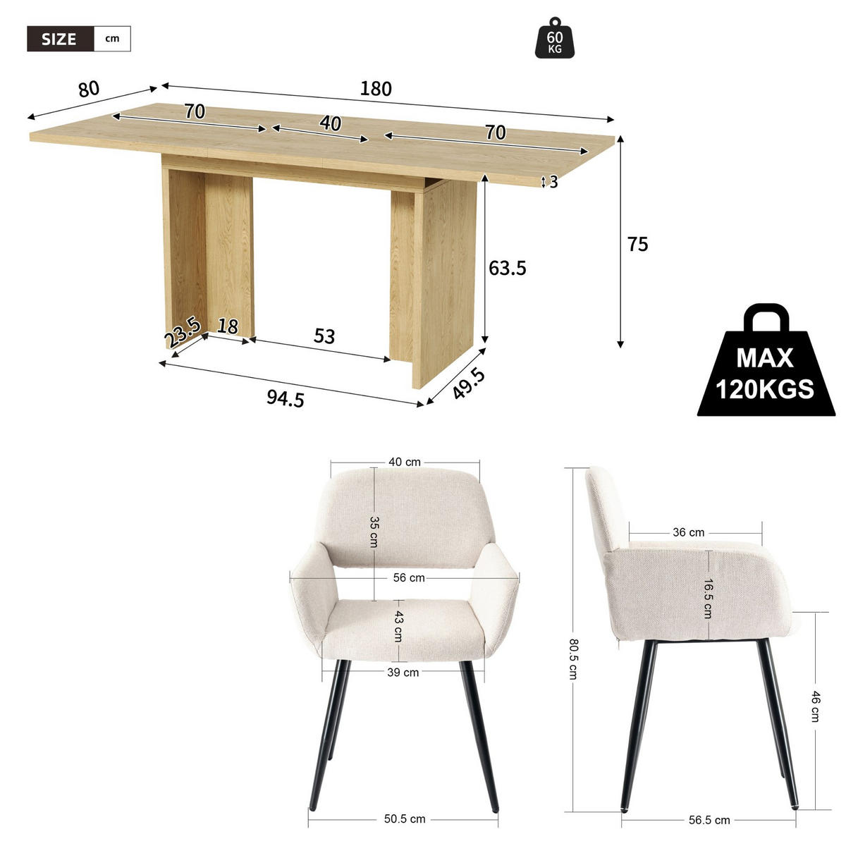 ESSTISCH-SET 1+6, ausziehbarer Tisch mit 6 Esszimmerstühlen - Eichefarben/Schwarz, Holzwerkstoff (180/75/80cm) - Urban Meuble